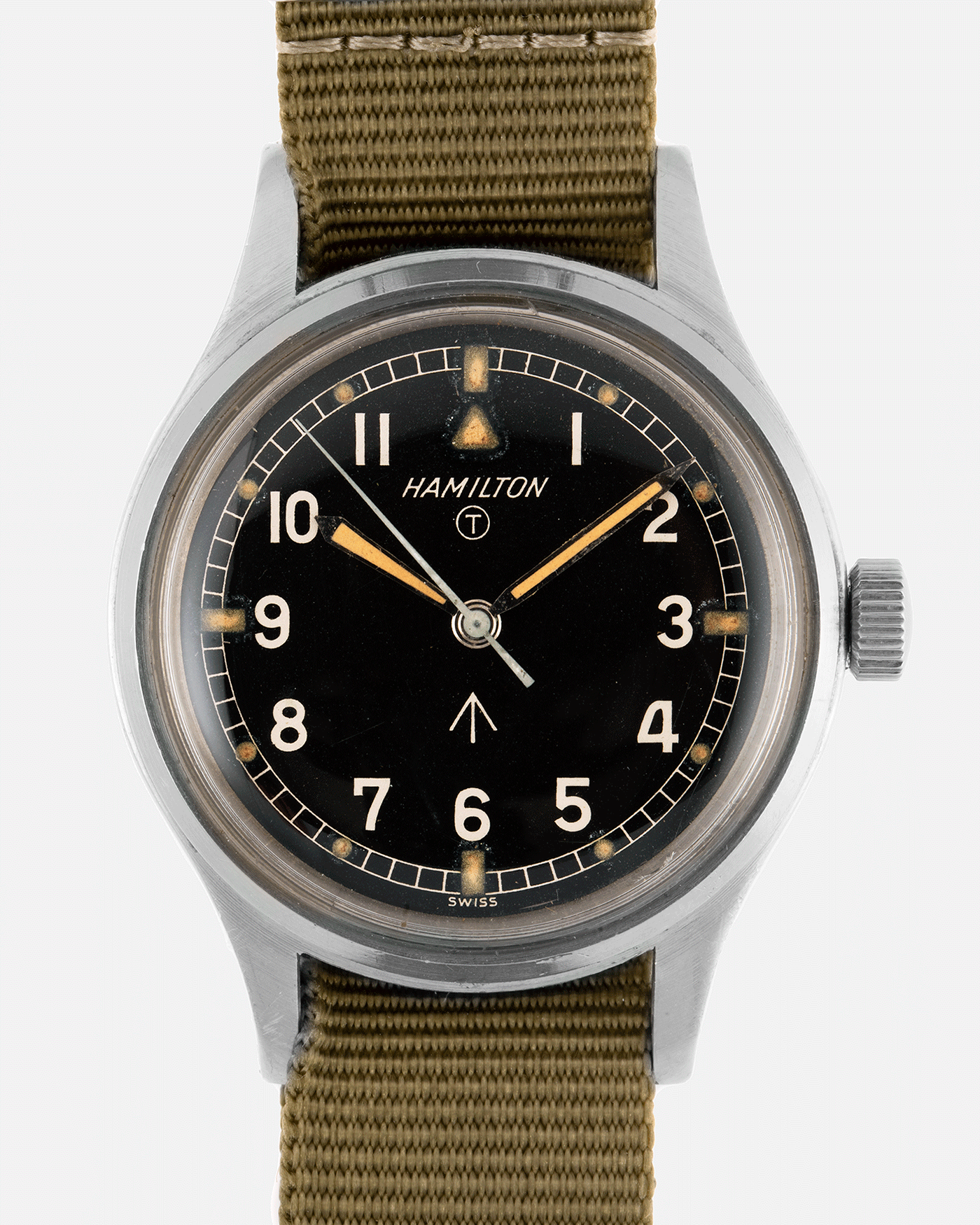 Brand: Hamilton Year: Late 1960’s Model: 6B Reference Number: 6B/910-1000 Serial Number: 9027 Material: Stainless Steel Movement: Cal. 75  Case Diameter: 36mm Lug Width: 18mm Strap: Green Fabric NATO Strap