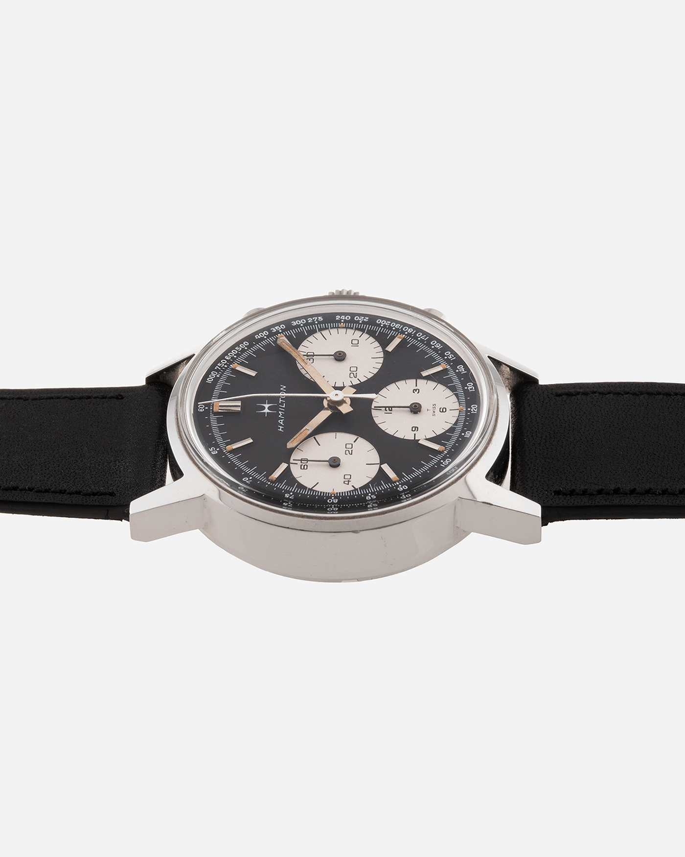 Brand: Hamilton Year: 1960’s Model: Panda Chronograph Material: Stainless Steel Movement: Valjoux 7736 Case Diameter: 36mm Lug Width: 19mm Bracelet/Strap: Nostime Black Calf