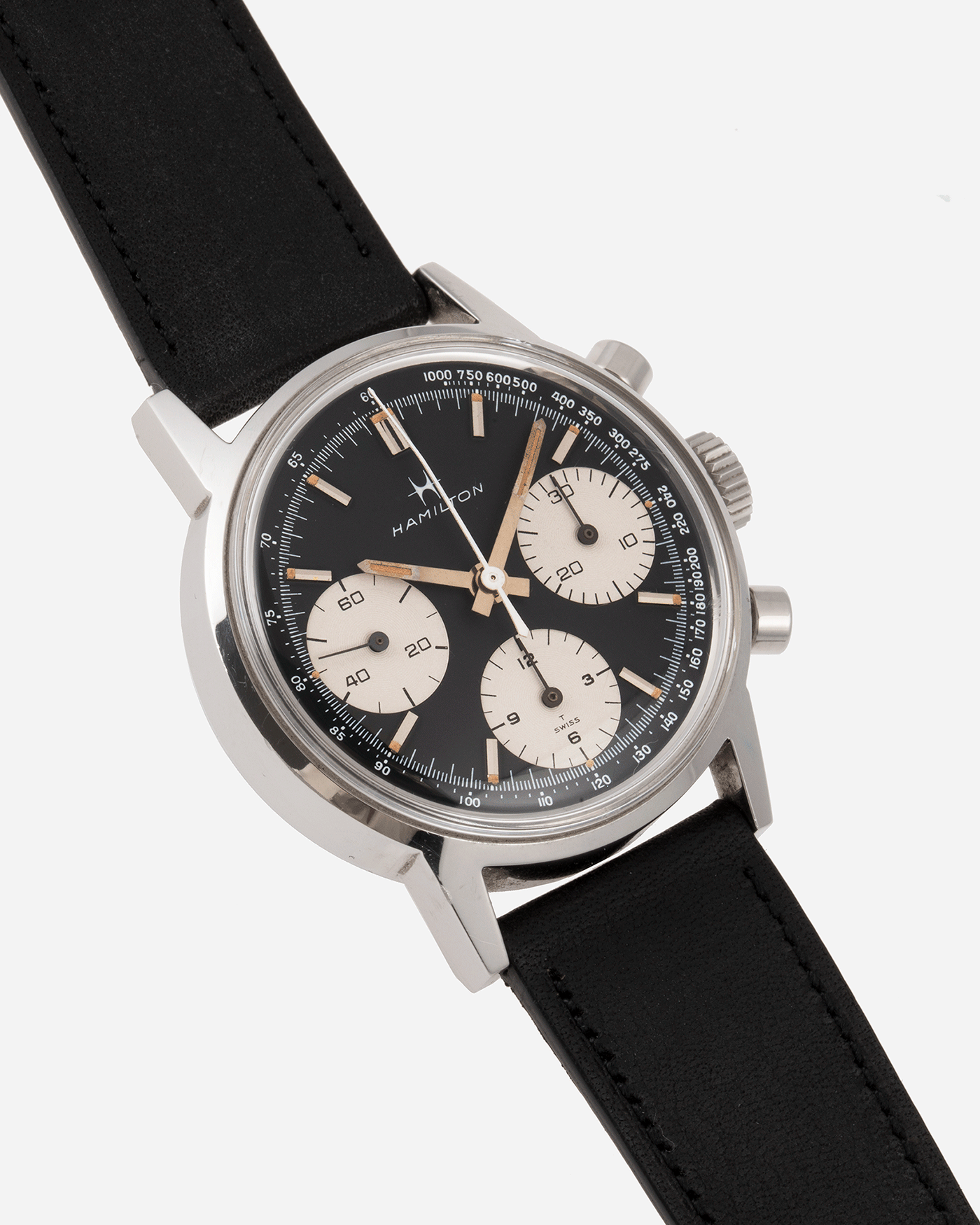 Brand: Hamilton Year: 1960’s Model: Panda Chronograph Material: Stainless Steel Movement: Valjoux 7736 Case Diameter: 36mm Lug Width: 19mm Bracelet/Strap: Nostime Black Calf
