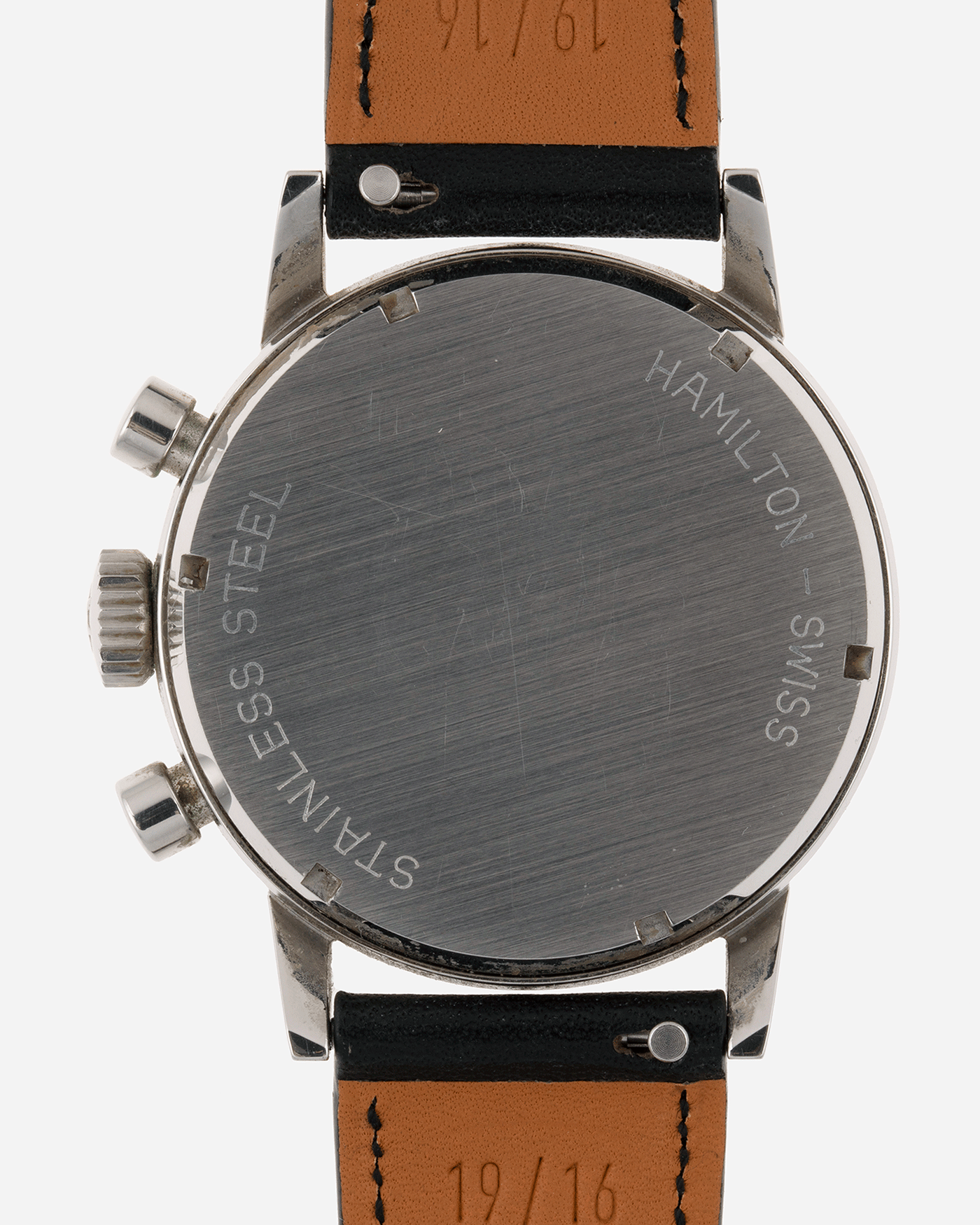Brand: Hamilton Year: 1960’s Model: Panda Chronograph Material: Stainless Steel Movement: Valjoux 7736 Case Diameter: 36mm Lug Width: 19mm Bracelet/Strap: Nostime Black Calf