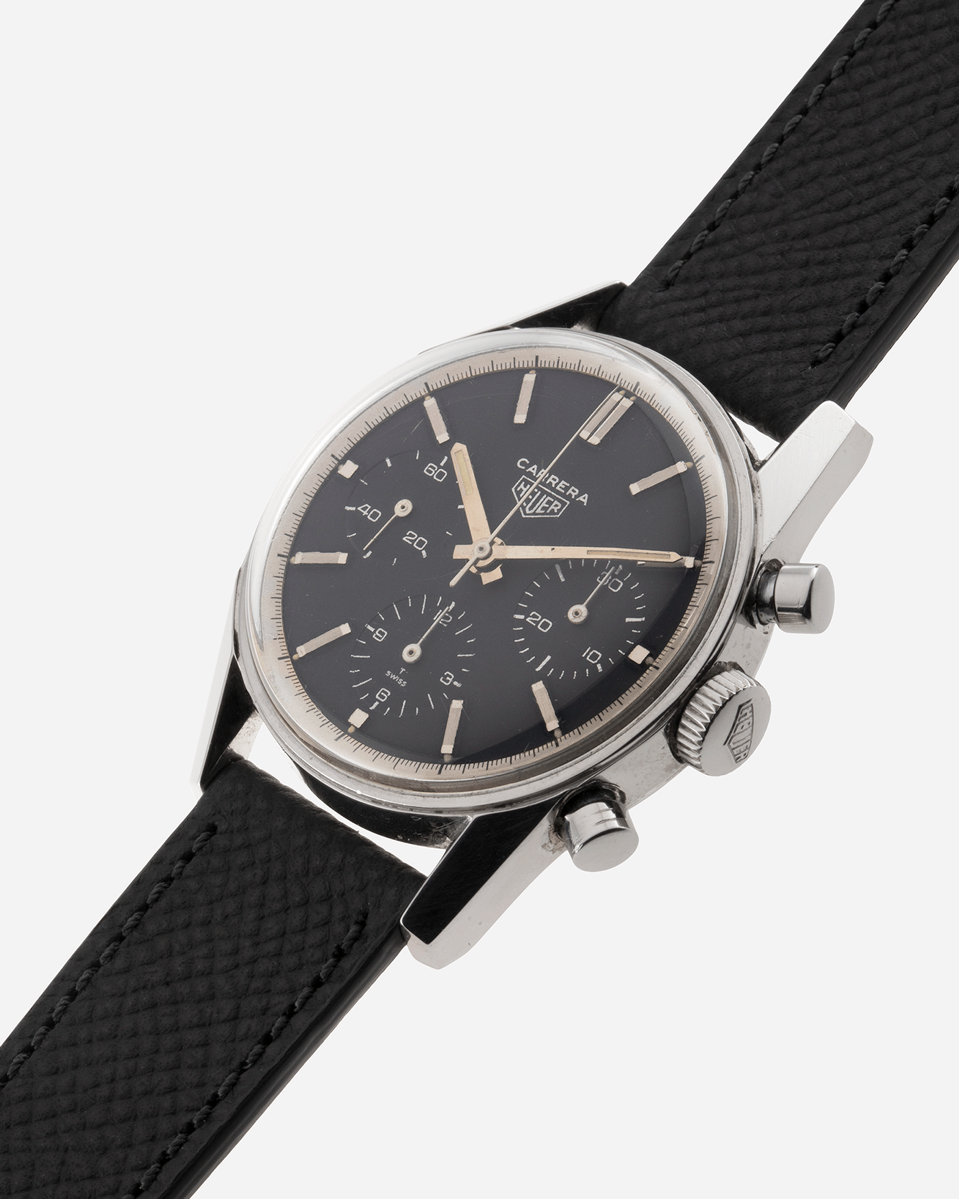 Brand: Heuer Year: 1960’s Model: Carrera Reference Number: 2447N Serial Number: 78XXX Material: Stainless Steel Movement: Valjoux 72 Case Diameter: 36mm Lug Width: 18mm Bracelet/Strap: Molequin Anthracite Textured Calf with Stainless Steel Tang Buckle