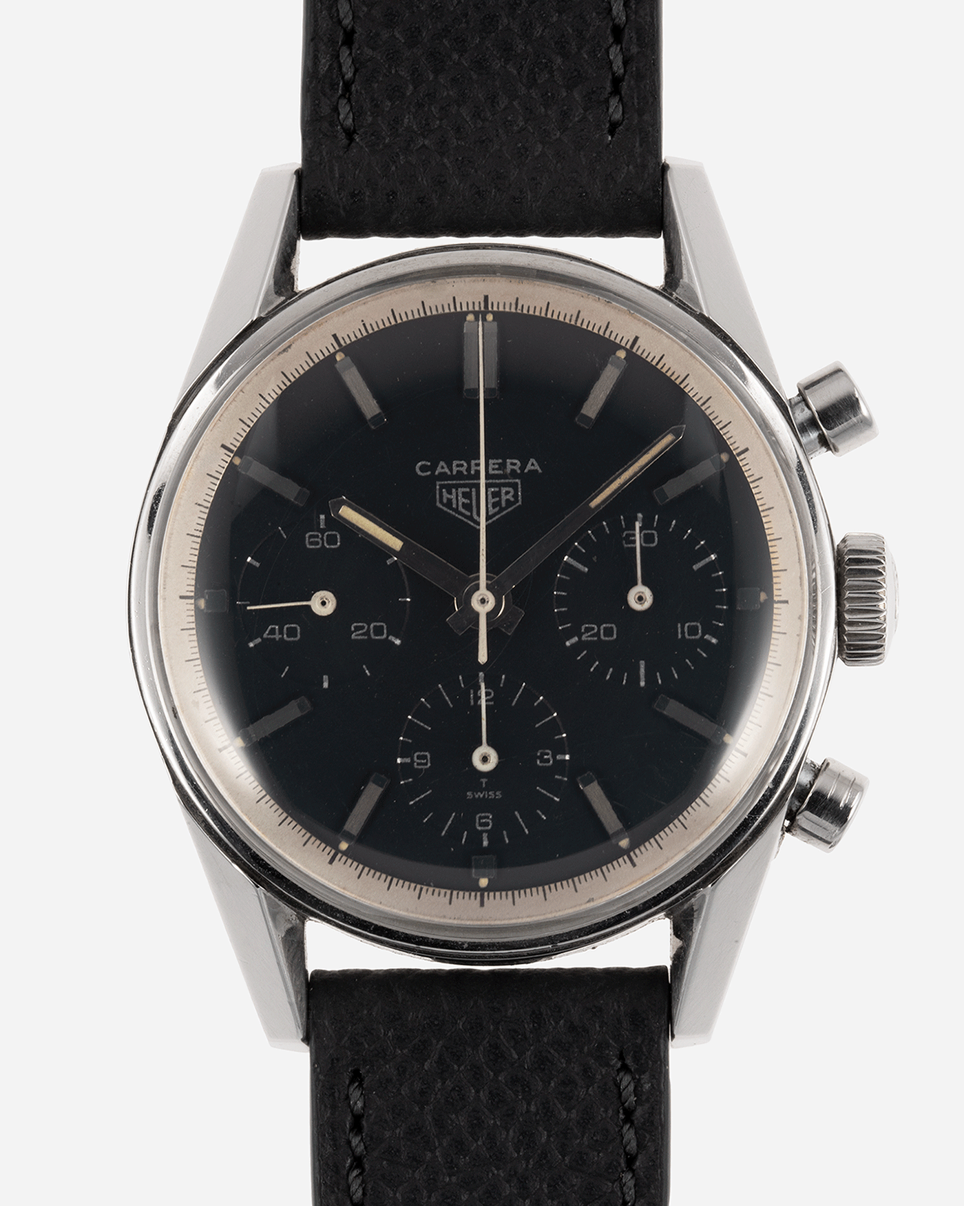 Brand: Heuer Year: 1960’s Model: Carrera Reference Number: 2447N Serial Number: 78XXX Material: Stainless Steel Movement: Valjoux 72 Case Diameter: 36mm Lug Width: 18mm Bracelet/Strap: Molequin Anthracite Textured Calf with Stainless Steel Tang Buckle