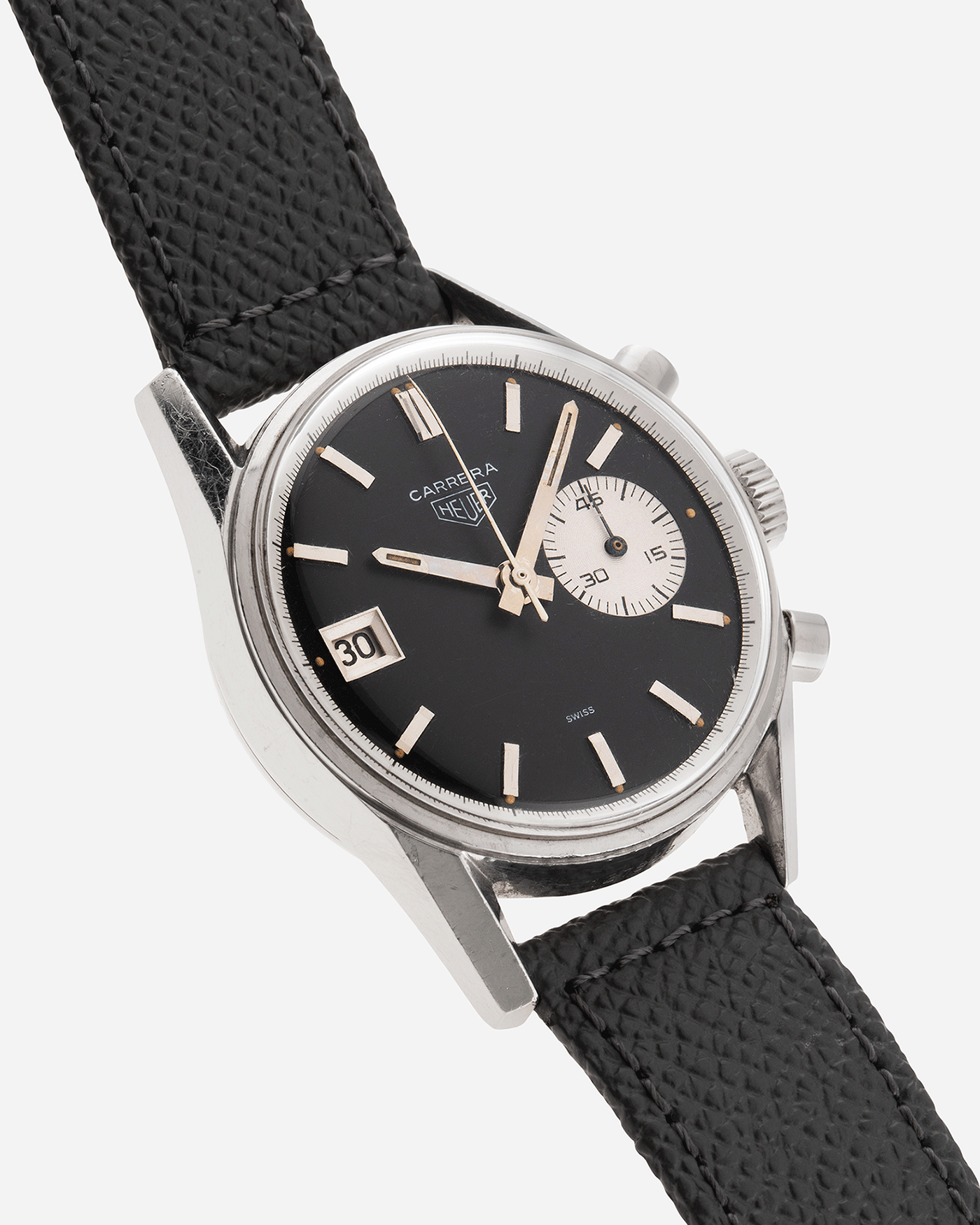 Brand: Heuer Year: 1960’s Model: Carrera Reference Number: Dato 45 Ref. 3147N Material: Stainless Steel Movement: Landeron 189 Case Diameter: 35mm Lug Width: 18mm Bracelet/Strap: A Collected Man Grey Textured Calf Strap