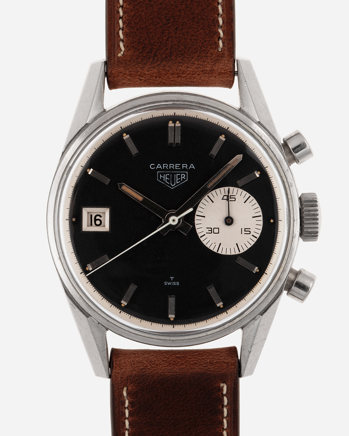 Brand: Heuer Year: 1960’s Model: Carrera Reference Number: Dato 45 Ref. 3147N Serial Number: 127655 Material: Stainless Steel Movement: Landeron 189 Case Diameter: 35mm Lug Width: 18mm Bracelet/Strap: Nostime Tobacco Horween Shell Cordovan