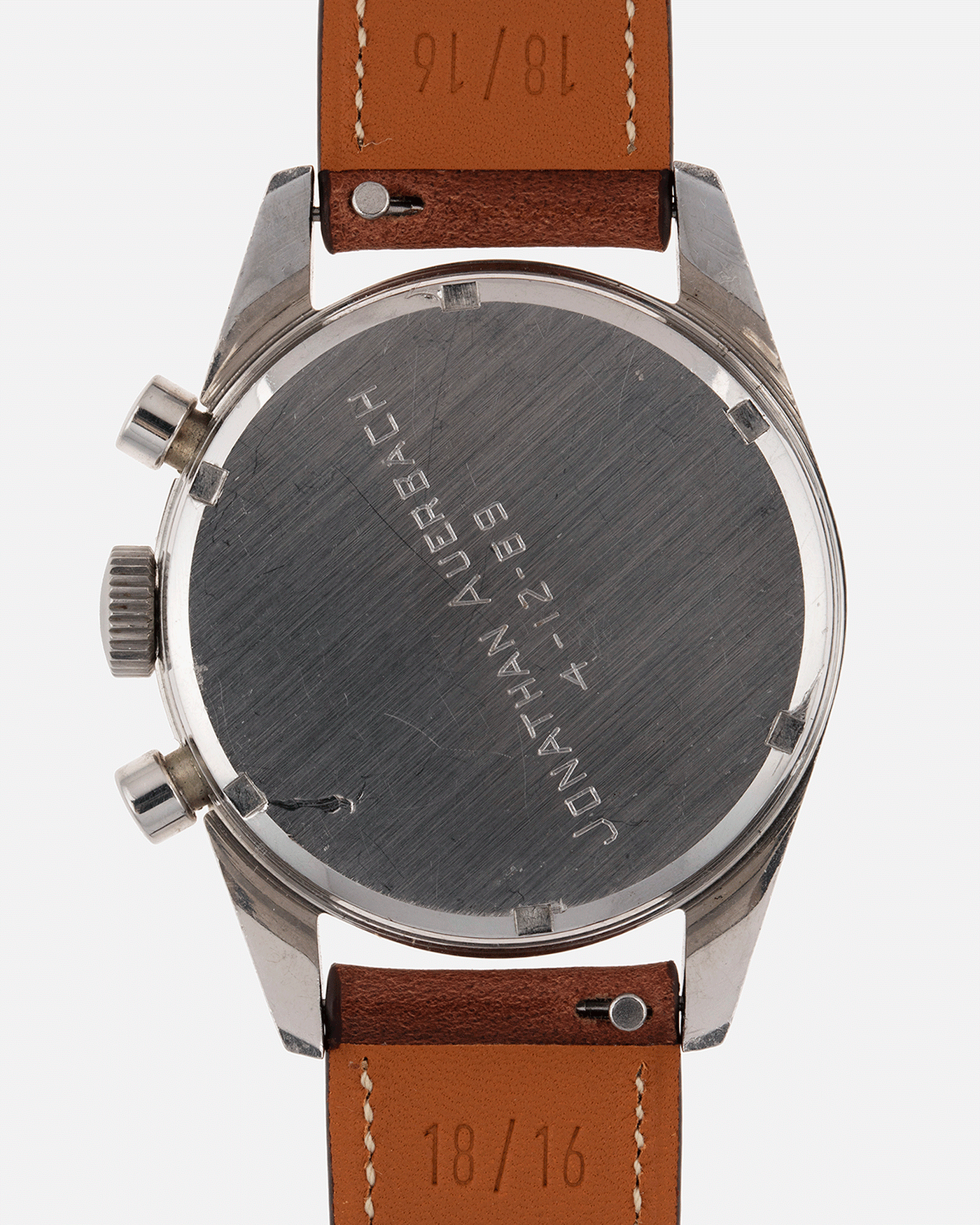 Brand: Heuer Year: 1960’s Model: Carrera Reference Number: Dato 45 Ref. 3147N Serial Number: 127655 Material: Stainless Steel Movement: Landeron 189 Case Diameter: 35mm Lug Width: 18mm Bracelet/Strap: Nostime Tobacco Horween Shell Cordovan