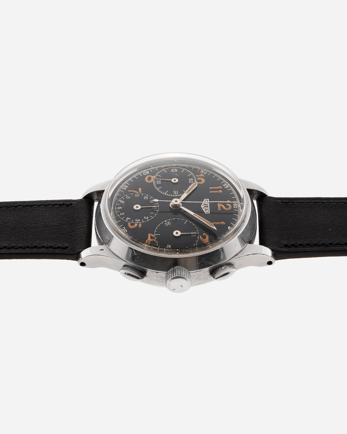 Brand: Heuer Year: 1940’s Reference Number: 345 Material: Stainless Steel Movement: Valjoux 71 Case Diameter: 36mm Lug Width: 18mm Bracelet/Strap: Nostime Black Calf