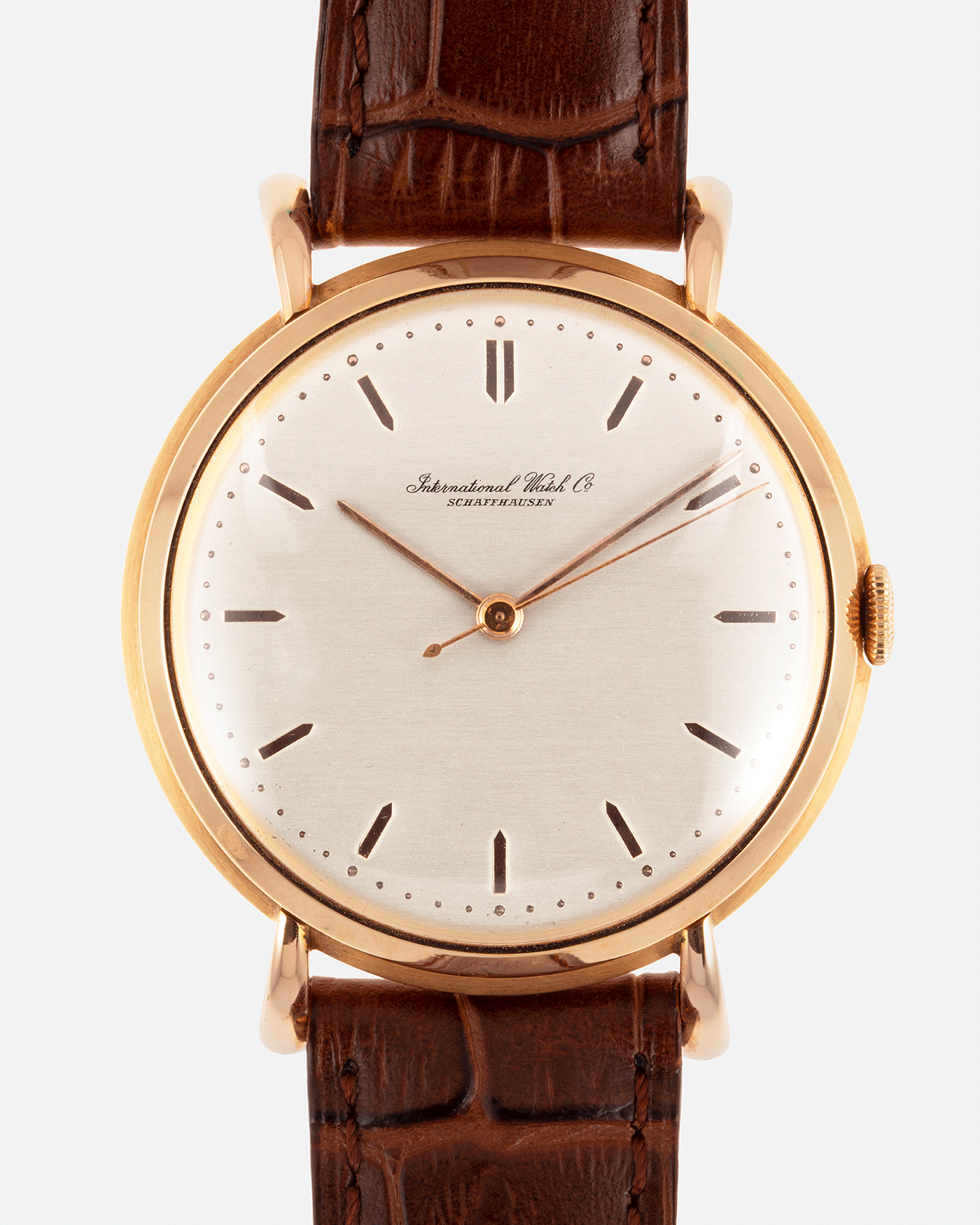 Brand: IWC Year: 1949 Serial Number: 1193964 Material: 18k Rose Gold Movement: In-house Cal. 89 Case Diameter: 36mm Lug Width: 18mm Bracelet/Strap: Brown Textured Leather Strap with Gold Plated Buckle