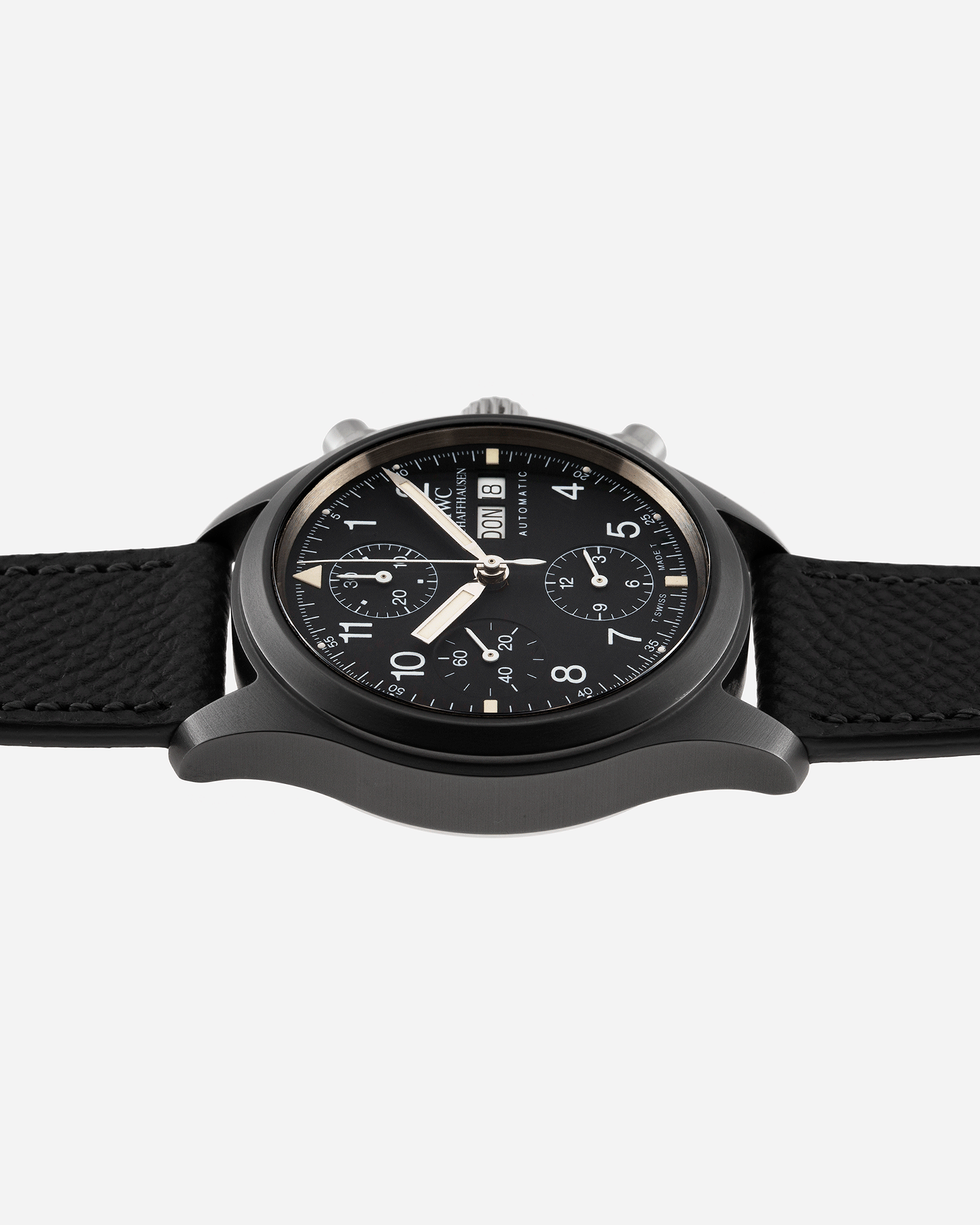 Brand: IWC Year: 1990s Model: Ceramic Fliegerchronograph Reference Number: 3705 Material: Ceramic and Stainless Steel Movement: Valjoux cal. 7750 Case Diameter: 39mm Bracelet/Strap: Molequin Anthracite Grained Calf with Stainless Steel IWC Tang Buckle