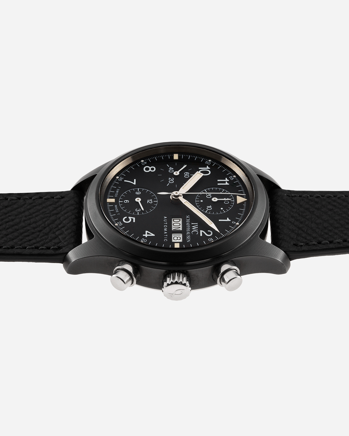 Brand: IWC Year: 1990s Model: Ceramic Fliegerchronograph Reference Number: 3705 Material: Ceramic and Stainless Steel Movement: Valjoux cal. 7750 Case Diameter: 39mm Bracelet/Strap: Molequin Anthracite Grained Calf with Stainless Steel IWC Tang Buckle