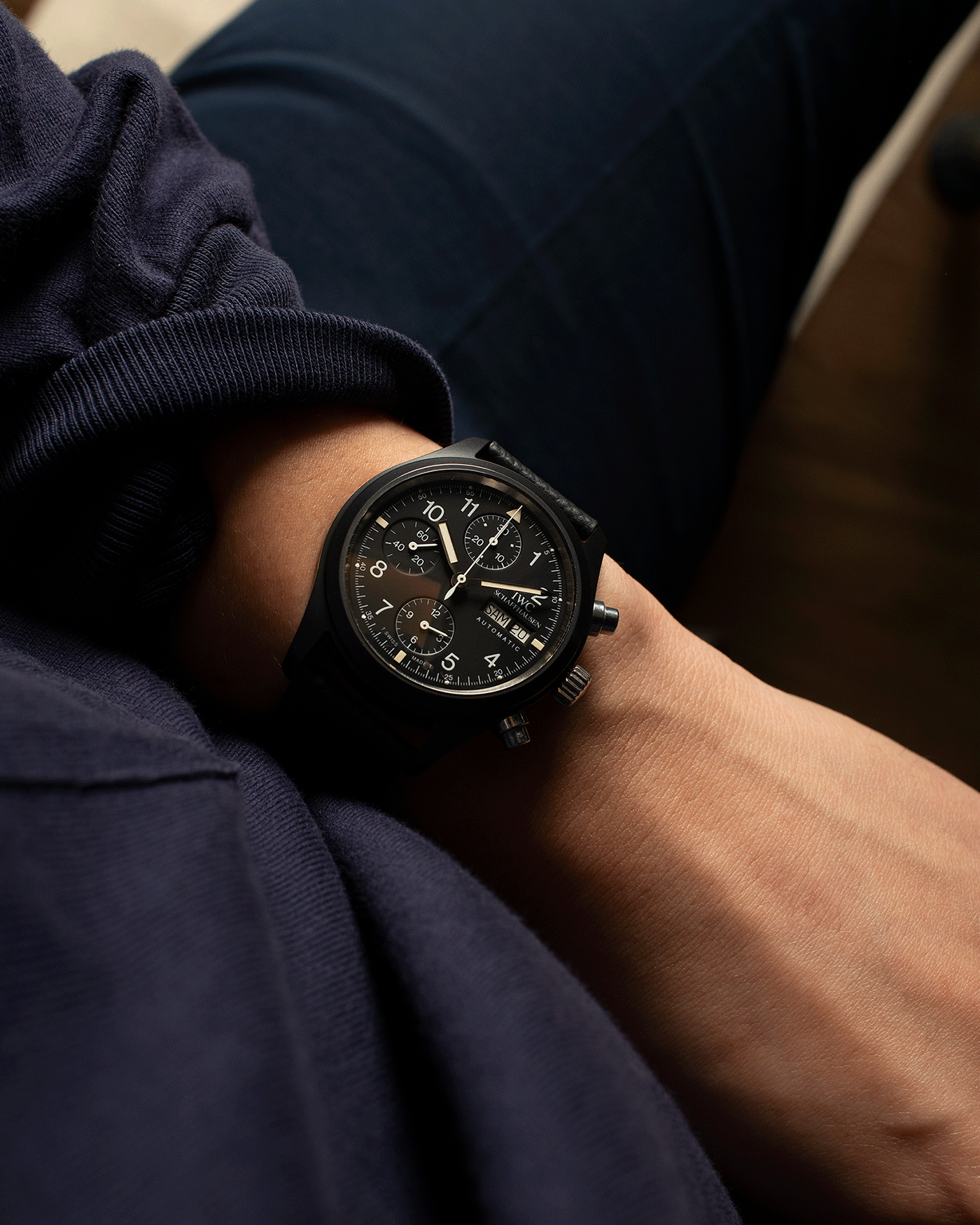 Brand: IWC Year: 1990s Model: Ceramic Fliegerchronograph Reference Number: 3705 Material: Ceramic and Stainless Steel Movement: Valjoux cal. 7750 Case Diameter: 39mm Bracelet/Strap: Molequin Anthracite Grained Calf with Stainless Steel IWC Tang Buckle