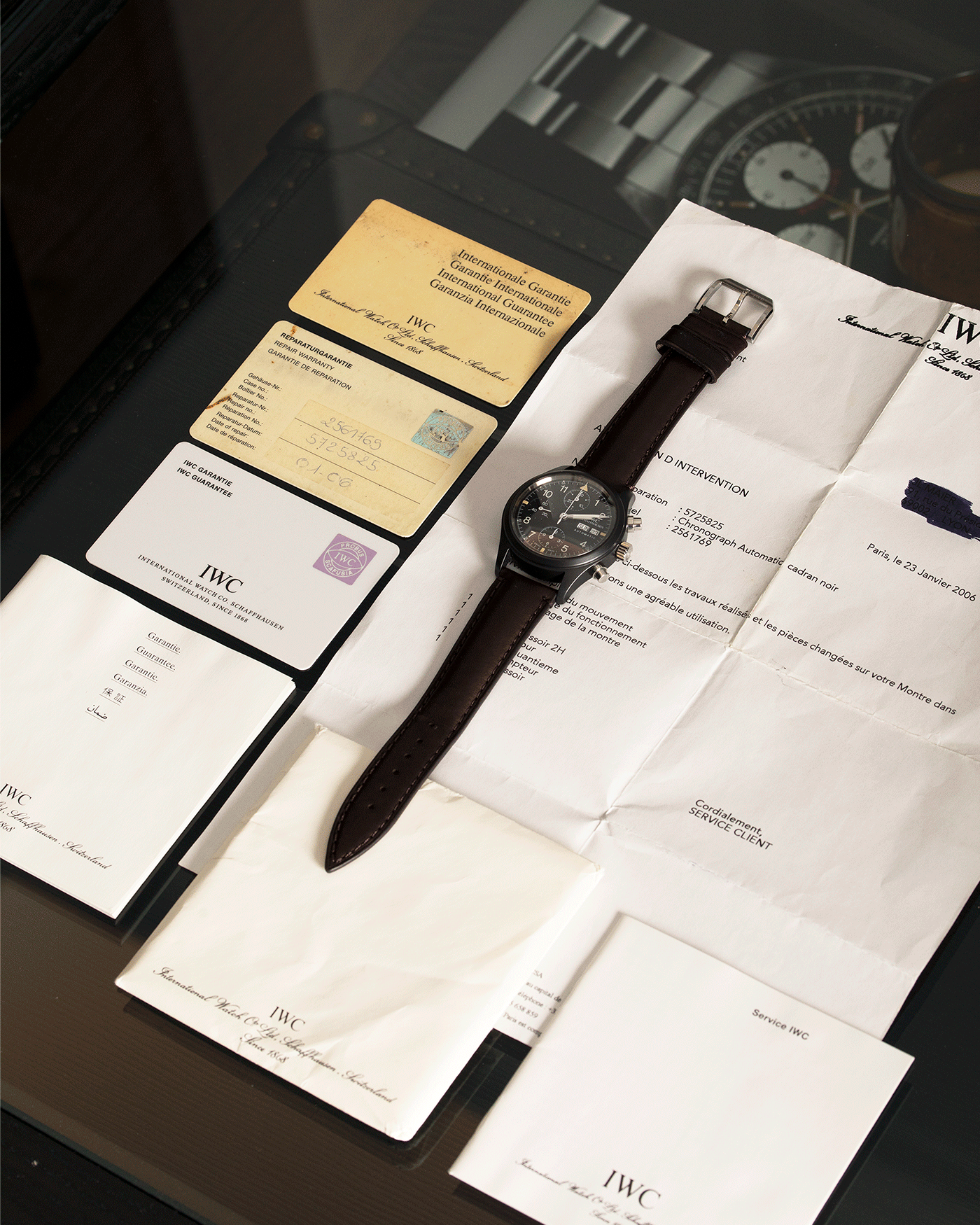  Brand: IWC Year: 1990s Model: Ceramic Fliegerchronograph Reference Number: 3705 Material: Ceramic and Stainless Steel Movement: Valjoux cal. 7750 Case Diameter: 39mm Bracelet/Strap: Rhein Fils Dark Brown British Lamb Strap with Stainless Steel IWC Tang Buckle