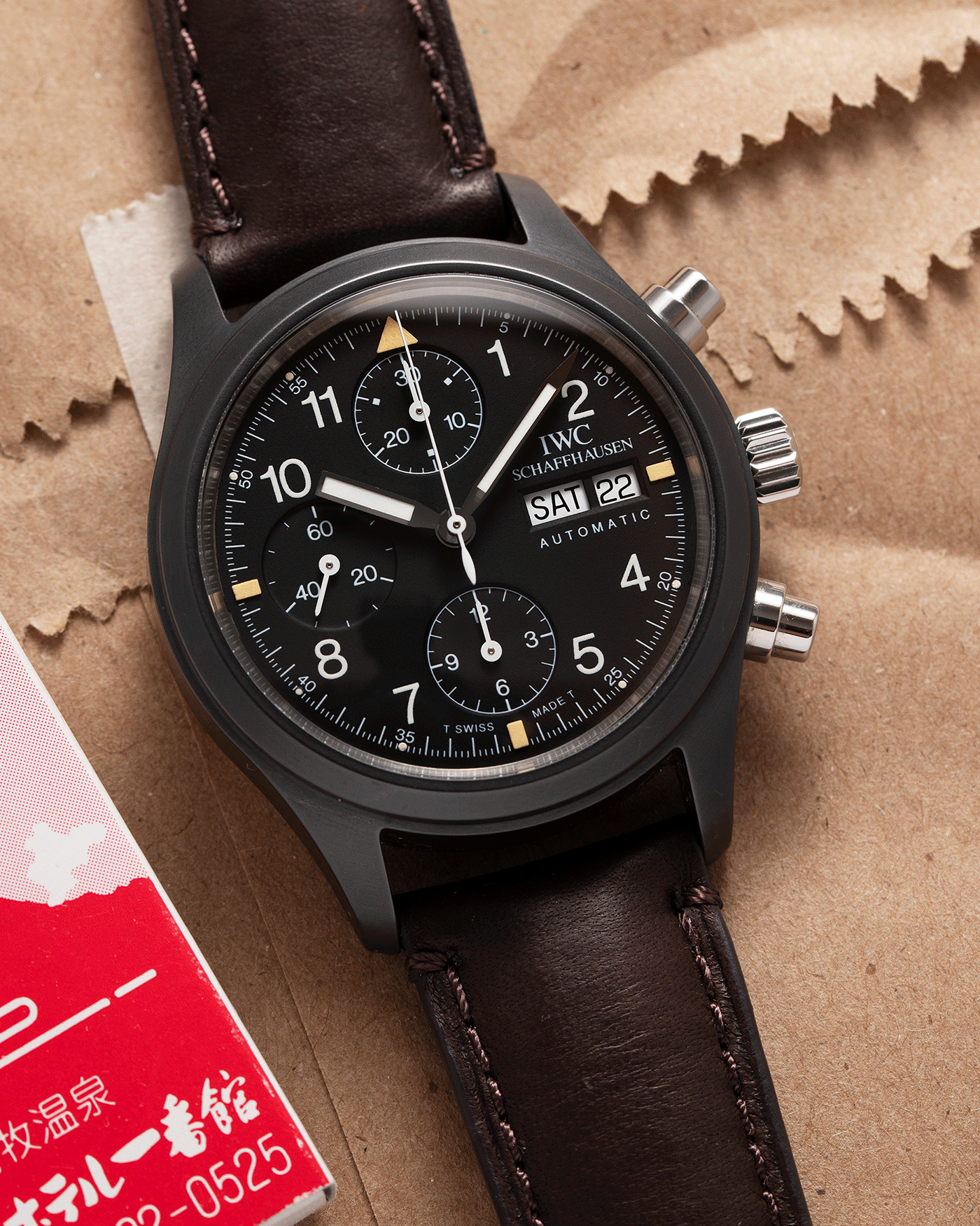  Brand: IWC Year: 1990s Model: Ceramic Fliegerchronograph Reference Number: 3705 Material: Ceramic and Stainless Steel Movement: Valjoux cal. 7750 Case Diameter: 39mm Bracelet/Strap: Rhein Fils Dark Brown British Lamb Strap with Stainless Steel IWC Tang Buckle