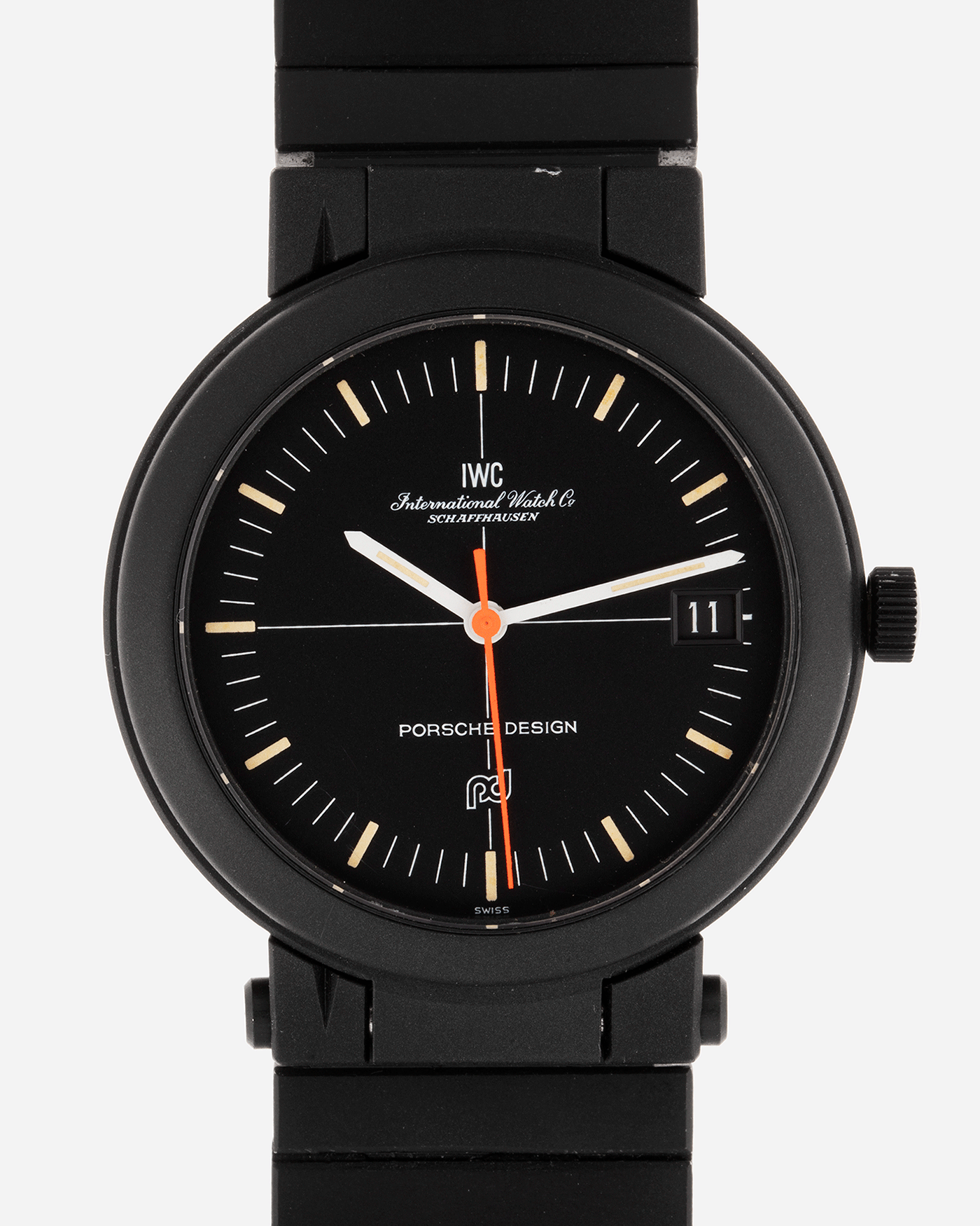 Brand: IWC Year: 1980’s Model: Compass Watch Reference: 3510 Material: PVD Coated Aluminium  Movement: IWC caliber 375 Case Diameter: 39mm Strap: IWC PVD Coated Aluminium Bracelet