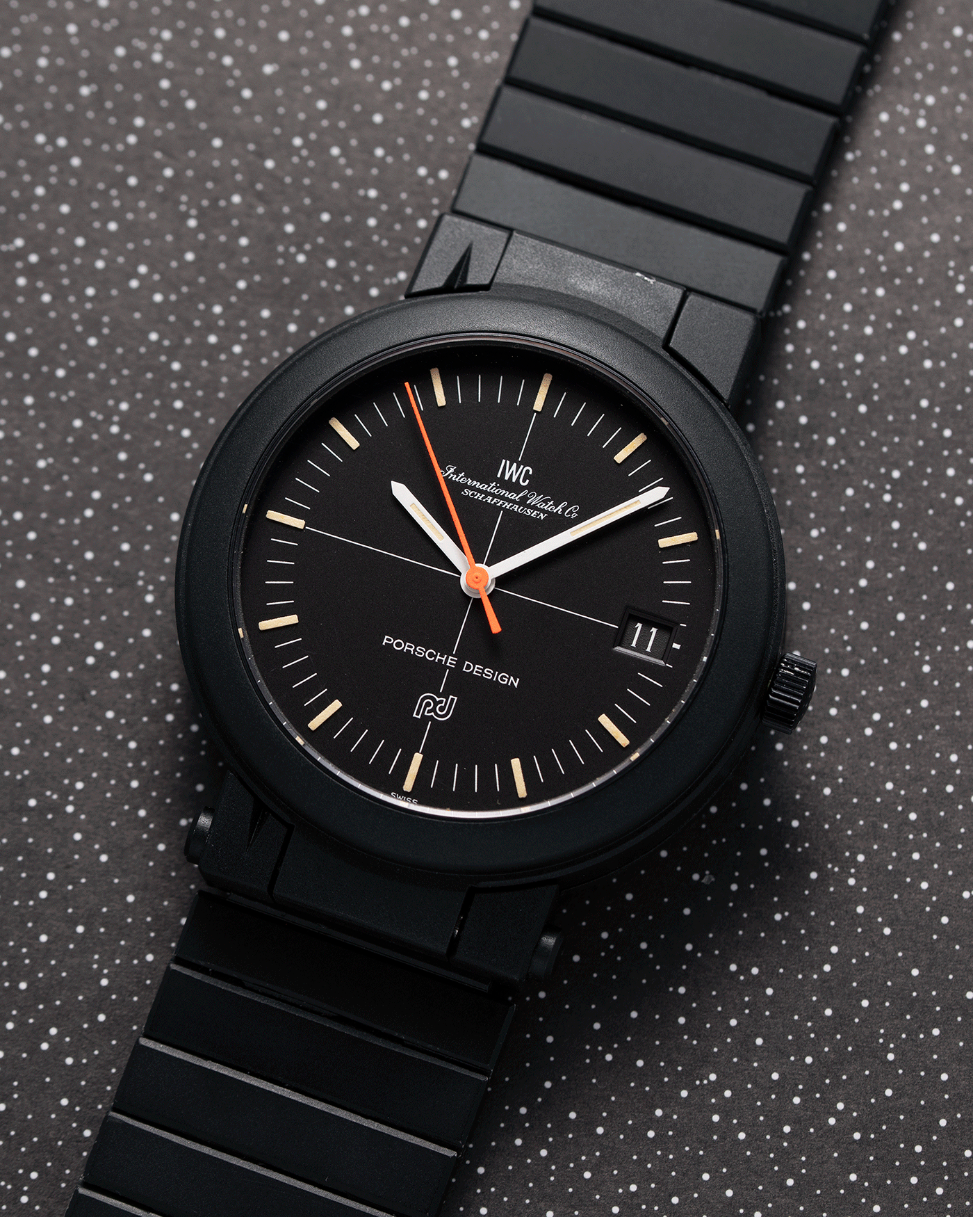 Brand: IWC Year: 1980’s Model: Compass Watch Reference: 3510 Material: PVD Coated Aluminium  Movement: IWC caliber 375 Case Diameter: 39mm Strap: IWC PVD Coated Aluminium Bracelet