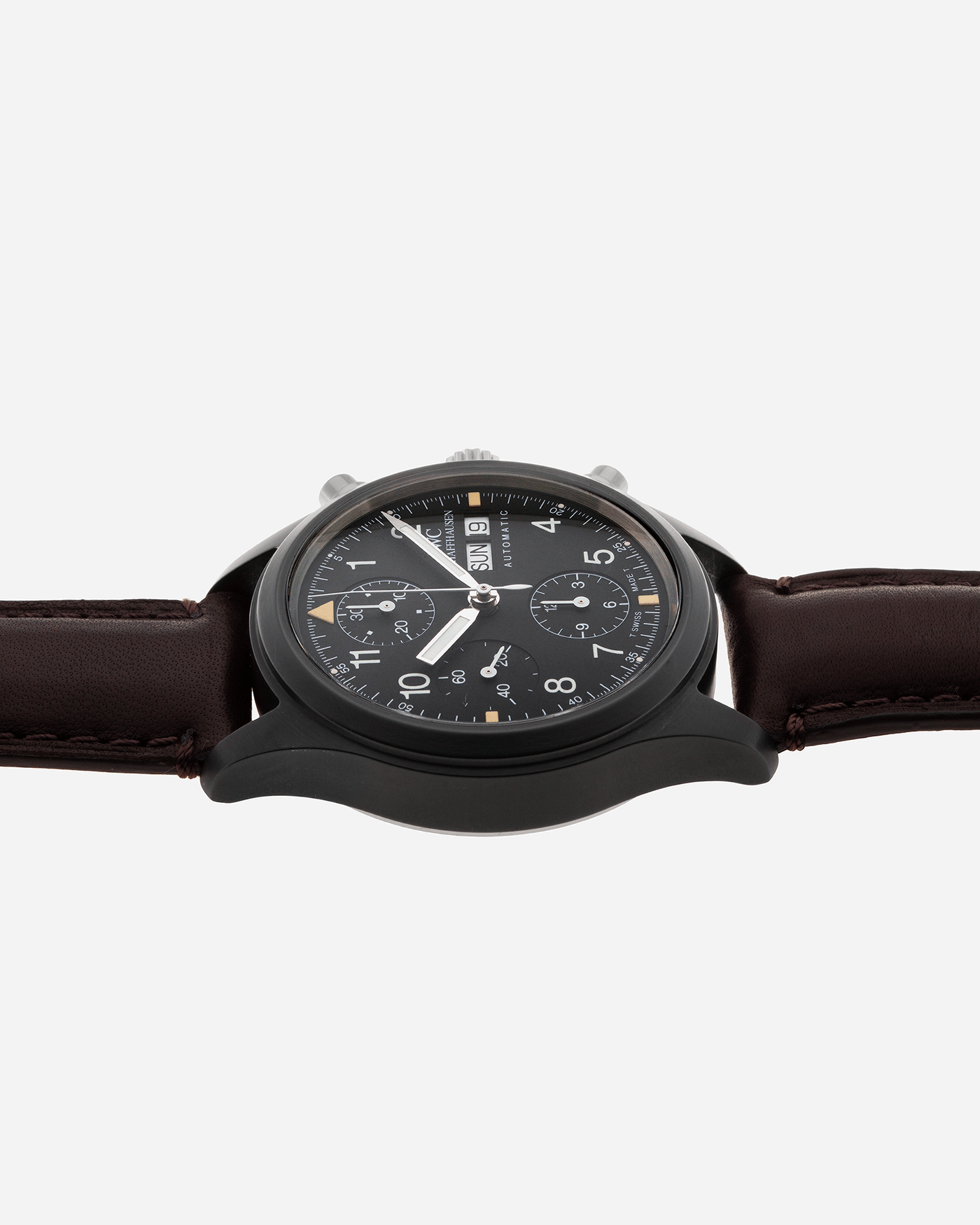  Brand: IWC Year: 1990s Model: Ceramic Fliegerchronograph Reference Number: 3705 Material: Ceramic and Stainless Steel Movement: Valjoux cal. 7750 Case Diameter: 39mm Bracelet/Strap: Rhein Fils Dark Brown British Lamb Strap with Stainless Steel IWC Tang Buckle