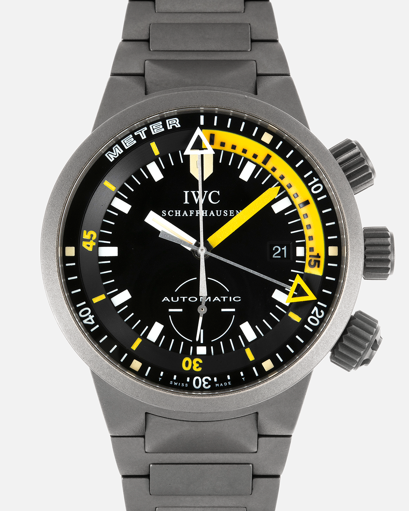 Brand: IWC Year: 1999 Model: GST Ref. 3527 “Deep One” Material: Bead-blasted Titanium Movement: In-house IWC Cal. 8914, Self-Winding Case Diameter: 42.8mm Bracelet/Strap: Bead-blasted IWC Titanium Bracelet
