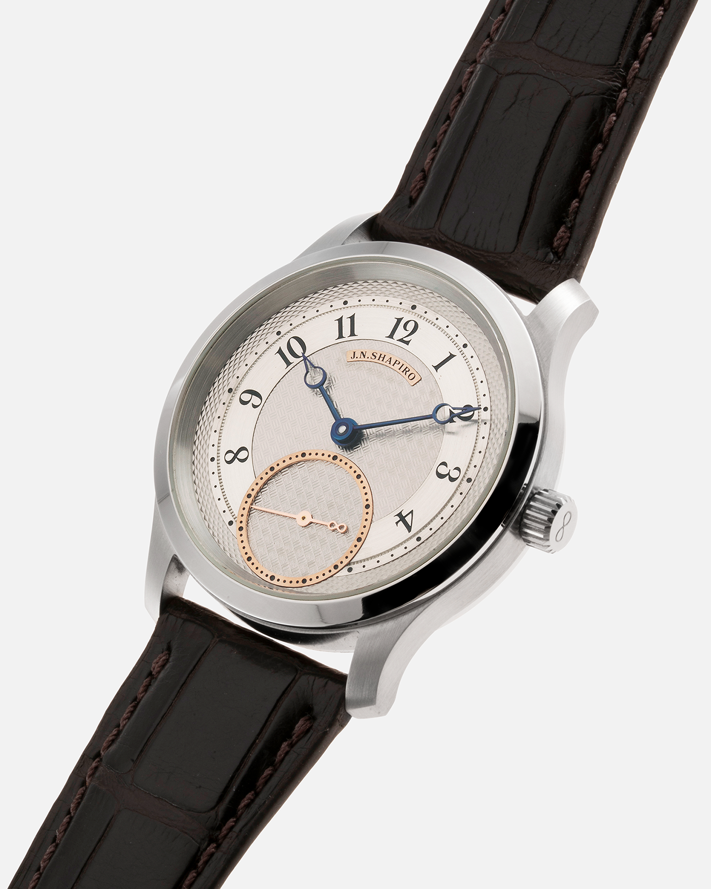 Brand: J.N. Shapiro Year: 2022 Model: Infinity Steel Material: Stainless Steel Case, 50% Palladium Dial Movement: UWD Cal. 33.1, Manual-Winding Case Diameter: 40mm Bracelet/Strap: J.N. Shapiro Dark Brown Alligator Strap