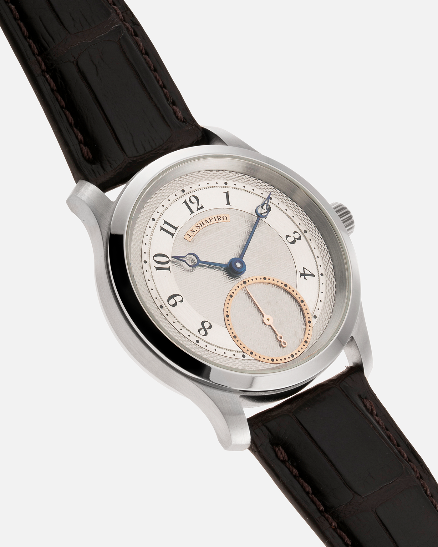 Brand: J.N. Shapiro Year: 2022 Model: Infinity Steel Material: Stainless Steel Case, 50% Palladium Dial Movement: UWD Cal. 33.1, Manual-Winding Case Diameter: 40mm Bracelet/Strap: J.N. Shapiro Dark Brown Alligator Strap