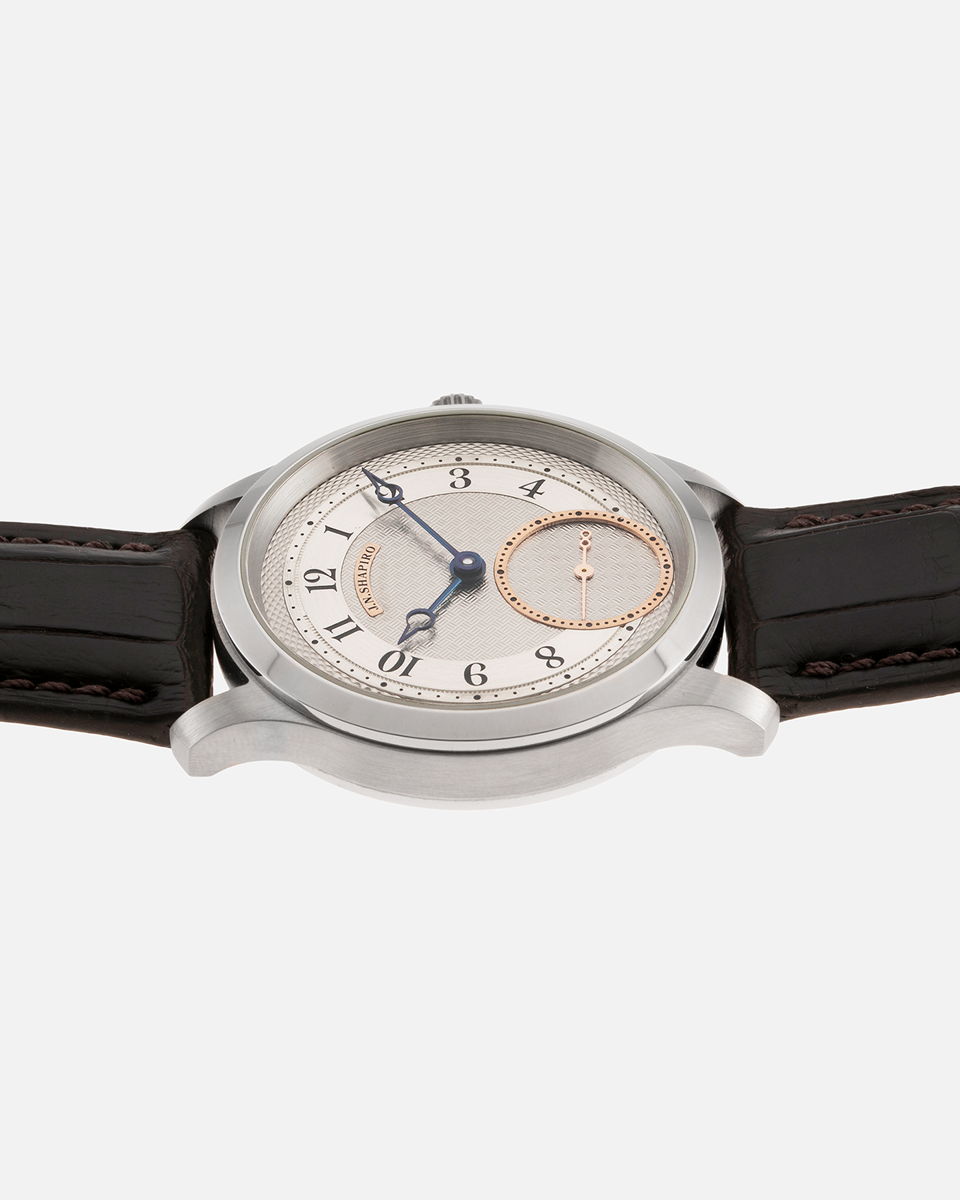 Brand: J.N. Shapiro Year: 2022 Model: Infinity Steel Material: Stainless Steel Case, 50% Palladium Dial Movement: UWD Cal. 33.1, Manual-Winding Case Diameter: 40mm Bracelet/Strap: J.N. Shapiro Dark Brown Alligator Strap