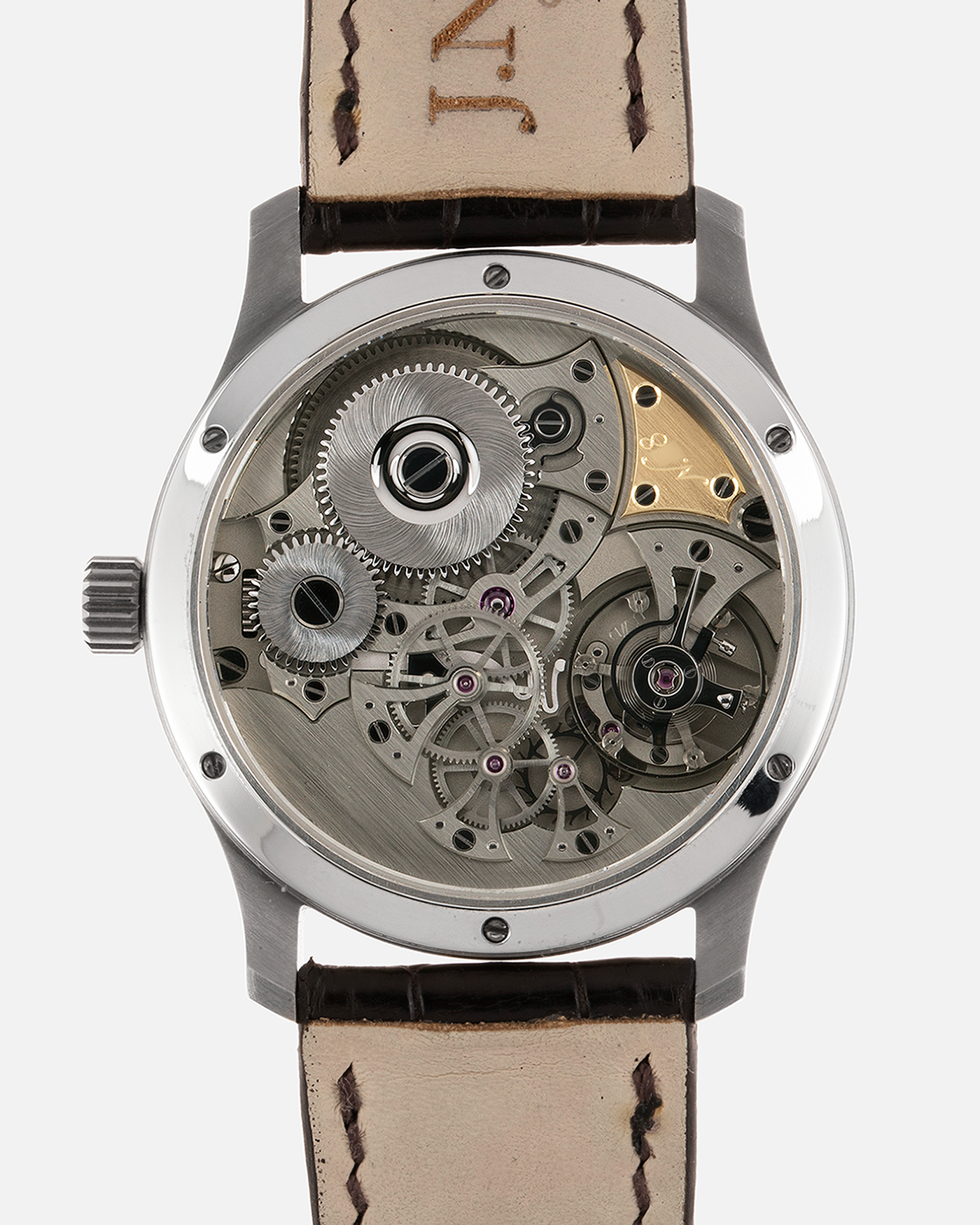 Brand: J.N. Shapiro Year: 2022 Model: Infinity Steel Material: Stainless Steel Case, 50% Palladium Dial Movement: UWD Cal. 33.1, Manual-Winding Case Diameter: 40mm Bracelet/Strap: J.N. Shapiro Dark Brown Alligator Strap
