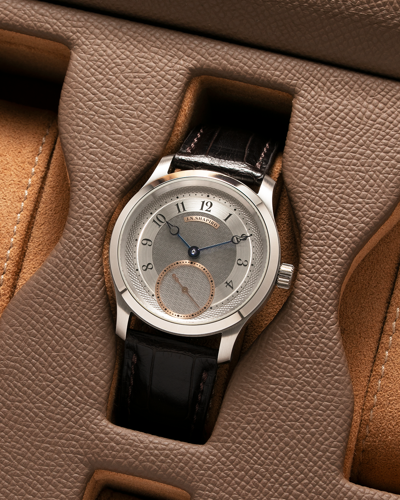 Brand: J.N. Shapiro Year: 2022 Model: Infinity Steel Material: Stainless Steel Case, 50% Palladium Dial Movement: UWD Cal. 33.1, Manual-Winding Case Diameter: 40mm Bracelet/Strap: J.N. Shapiro Dark Brown Alligator Strap