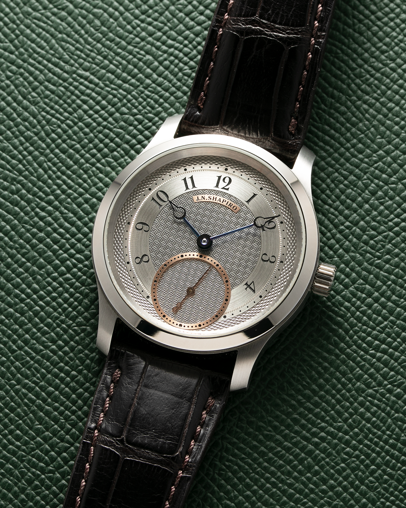 Brand: J.N. Shapiro Year: 2022 Model: Infinity Steel Material: Stainless Steel Case, 50% Palladium Dial Movement: UWD Cal. 33.1, Manual-Winding Case Diameter: 40mm Bracelet/Strap: J.N. Shapiro Dark Brown Alligator Strap