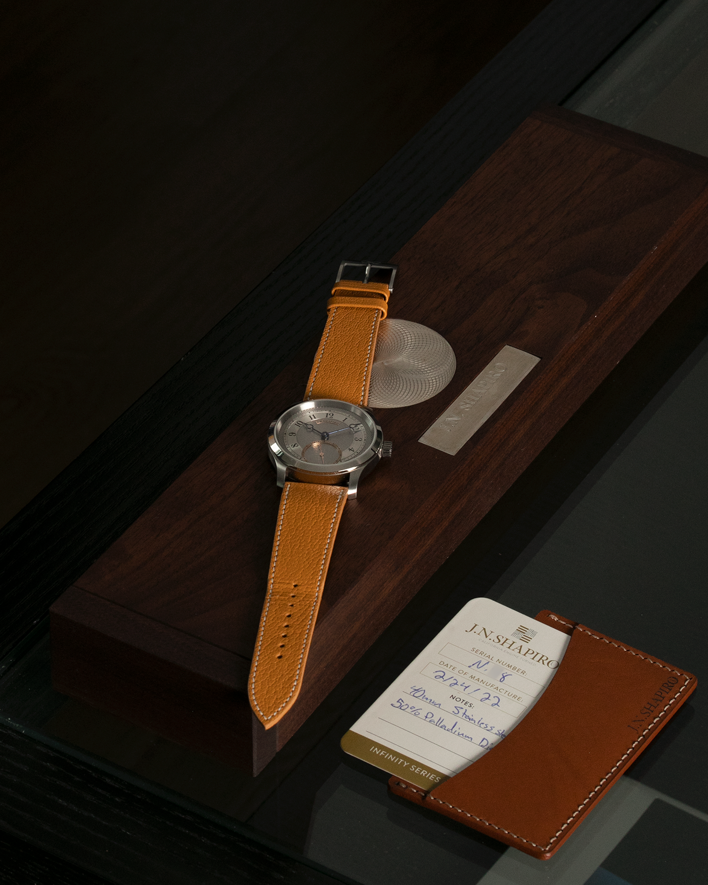 Brand: J.N. Shapiro Year: 2022 Model: Infinity Steel Material: Stainless Steel Case, 50% Palladium Dial Movement: UWD Cal. 33.1, Manual-Winding Case Diameter: 40mm Bracelet/Strap: J.N. Shapiro Dark Brown Alligator Strap