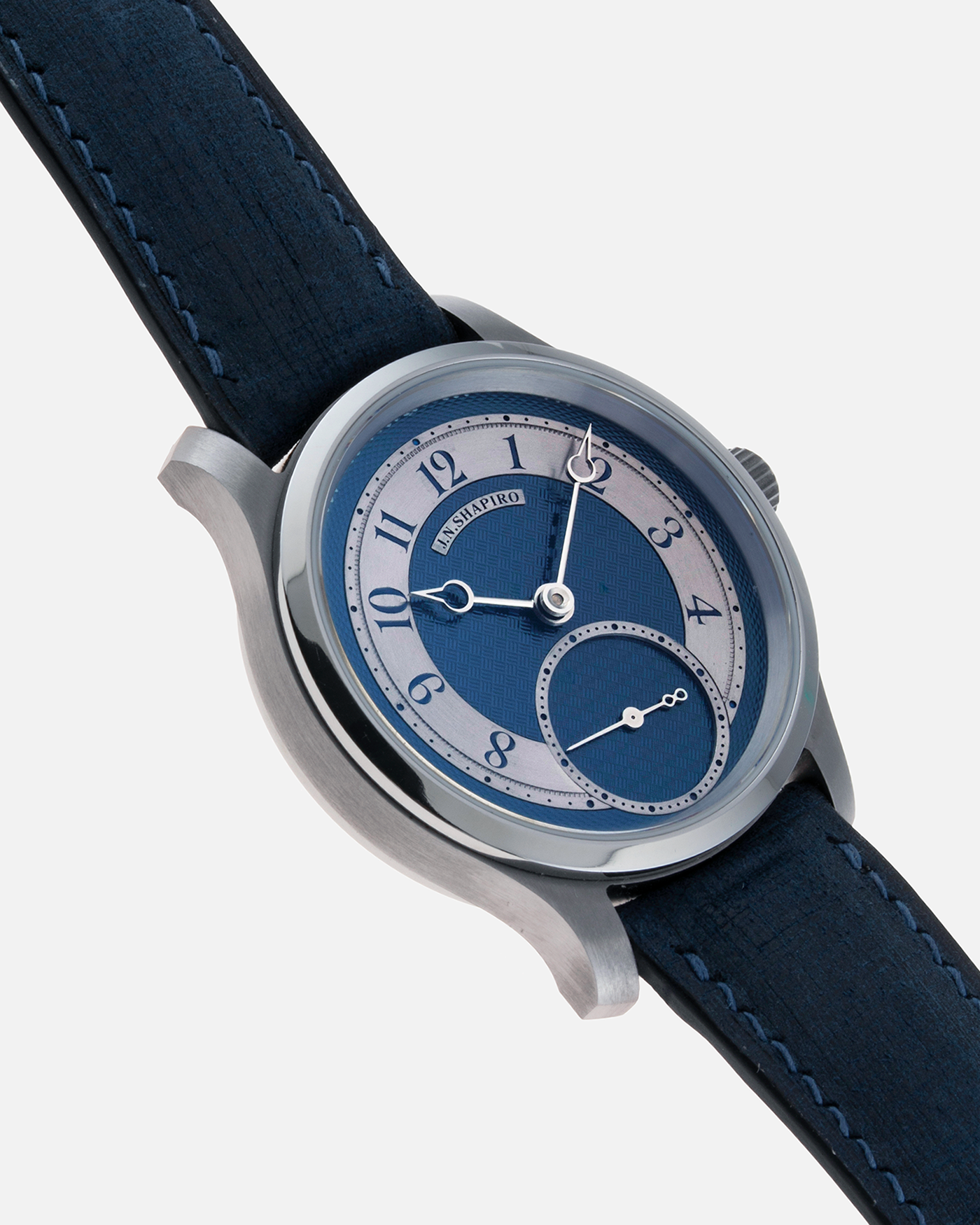 Brand: J.N. Shapiro Year: 2021 Model: Infinity Tantalum  Material: Tantalum Movement: UWD Cal. 33.1, Manual-Winding Case Diameter: 39mm Bracelet/Strap: J.N. Shapiro by Delugs Navy Blue Leather Strap with Signed Tantalum Tang Buckle with additional J.N. Shapiro Blue Alligator Strap and Grey Suede Strap