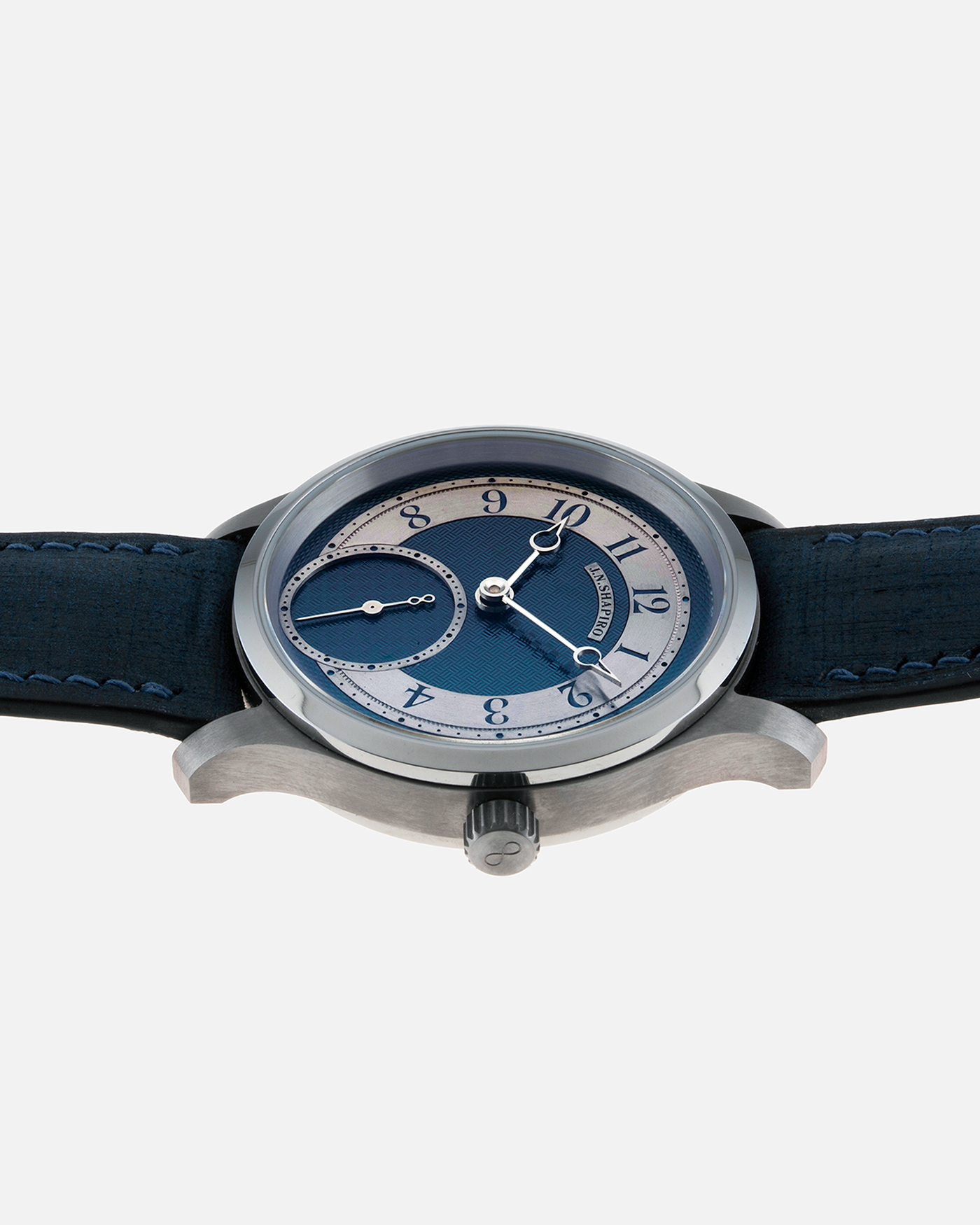 Brand: J.N. Shapiro Year: 2021 Model: Infinity Tantalum  Material: Tantalum Movement: UWD Cal. 33.1, Manual-Winding Case Diameter: 39mm Bracelet/Strap: J.N. Shapiro by Delugs Navy Blue Leather Strap with Signed Tantalum Tang Buckle with additional J.N. Shapiro Blue Alligator Strap and Grey Suede Strap