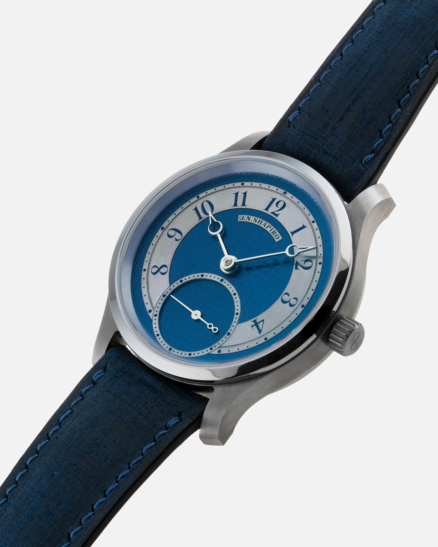 Brand: J.N. Shapiro Year: 2021 Model: Infinity Tantalum  Material: Tantalum Movement: UWD Cal. 33.1, Manual-Winding Case Diameter: 39mm Bracelet/Strap: J.N. Shapiro by Delugs Navy Blue Leather Strap with Signed Tantalum Tang Buckle with additional J.N. Shapiro Blue Alligator Strap and Grey Suede Strap