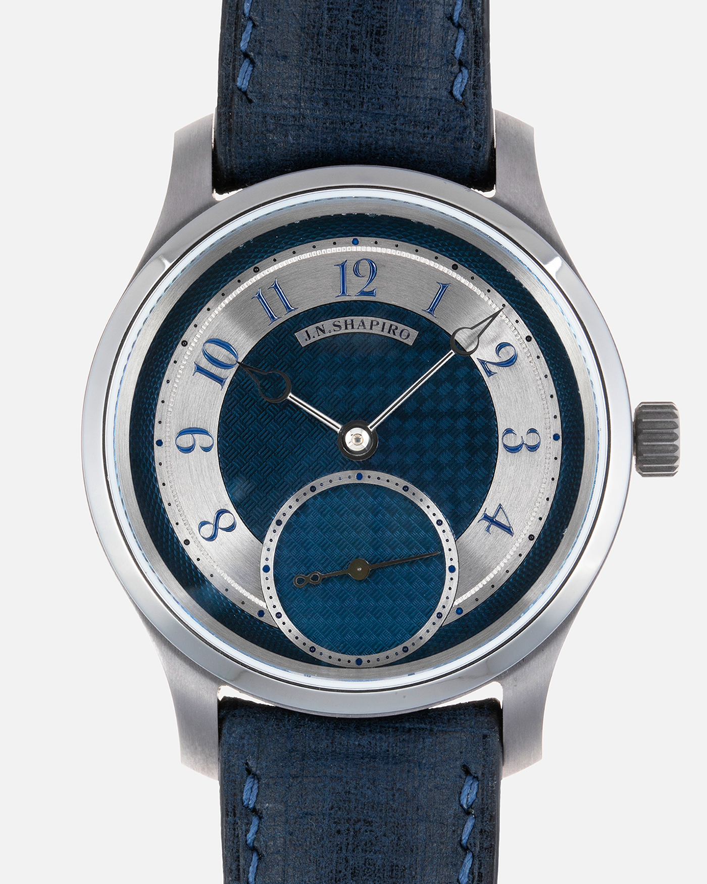 Brand: J.N. Shapiro Year: 2021 Model: Infinity Tantalum  Material: Tantalum Movement: UWD Cal. 33.1, Manual-Winding Case Diameter: 39mm Bracelet/Strap: J.N. Shapiro by Delugs Navy Blue Leather Strap with Signed Tantalum Tang Buckle with additional J.N. Shapiro Blue Alligator Strap and Grey Suede Strap