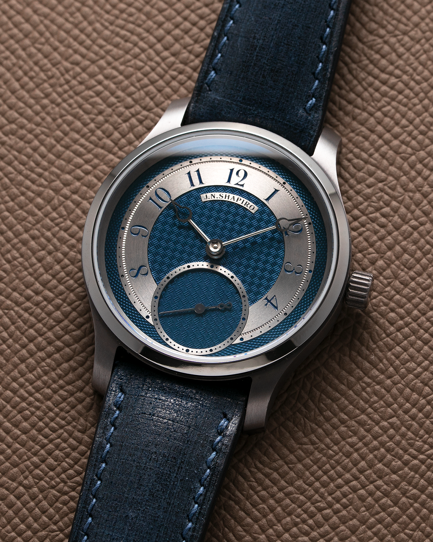Brand: J.N. Shapiro Year: 2021 Model: Infinity Tantalum  Material: Tantalum Movement: UWD Cal. 33.1, Manual-Winding Case Diameter: 39mm Bracelet/Strap: J.N. Shapiro by Delugs Navy Blue Leather Strap with Signed Tantalum Tang Buckle with additional J.N. Shapiro Blue Alligator Strap and Grey Suede Strap
