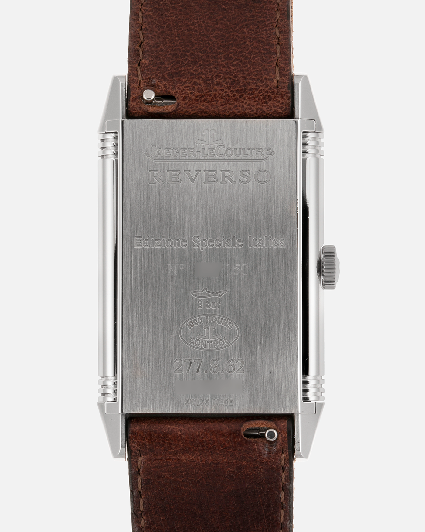 Brand: Jaeger LeCoultre Year: 2011 Model: Grande Reverso Ultra Thin Edizione Speciale Italica Ref 277.8.62 Material: Stainless Steel Movement: JLC Cal. 822, Manual-Wind Case Diameter: 46mm x 27mm Bracelet/Strap: Jaeger LeCoultre Case Fagliomo Brown Canvas Strap with Signed Tang Buckle