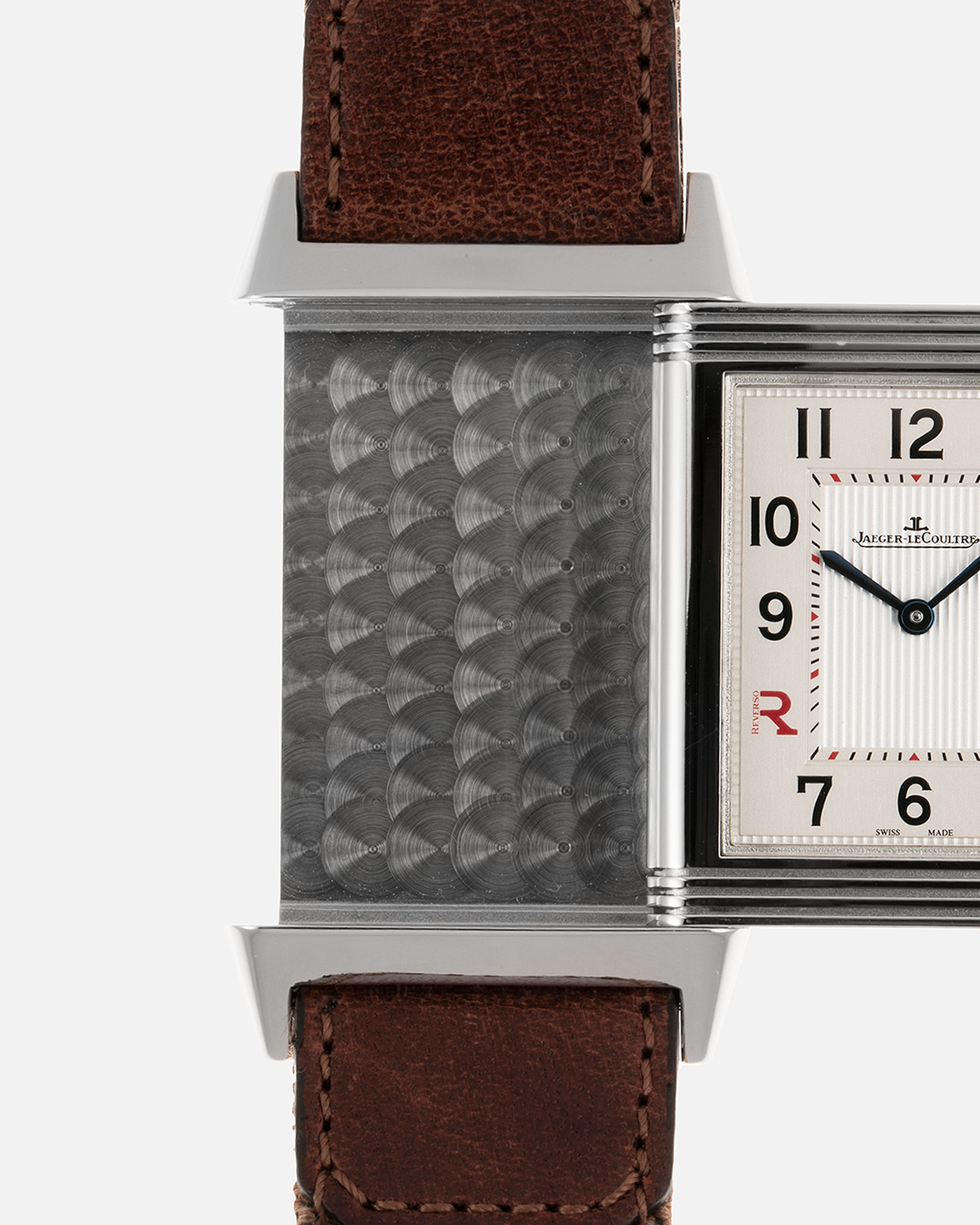Brand: Jaeger LeCoultre Year: 2011 Model: Grande Reverso Ultra Thin Edizione Speciale Italica Ref 277.8.62 Material: Stainless Steel Movement: JLC Cal. 822, Manual-Wind Case Diameter: 46mm x 27mm Bracelet/Strap: Jaeger LeCoultre Case Fagliomo Brown Canvas Strap with Signed Tang Buckle
