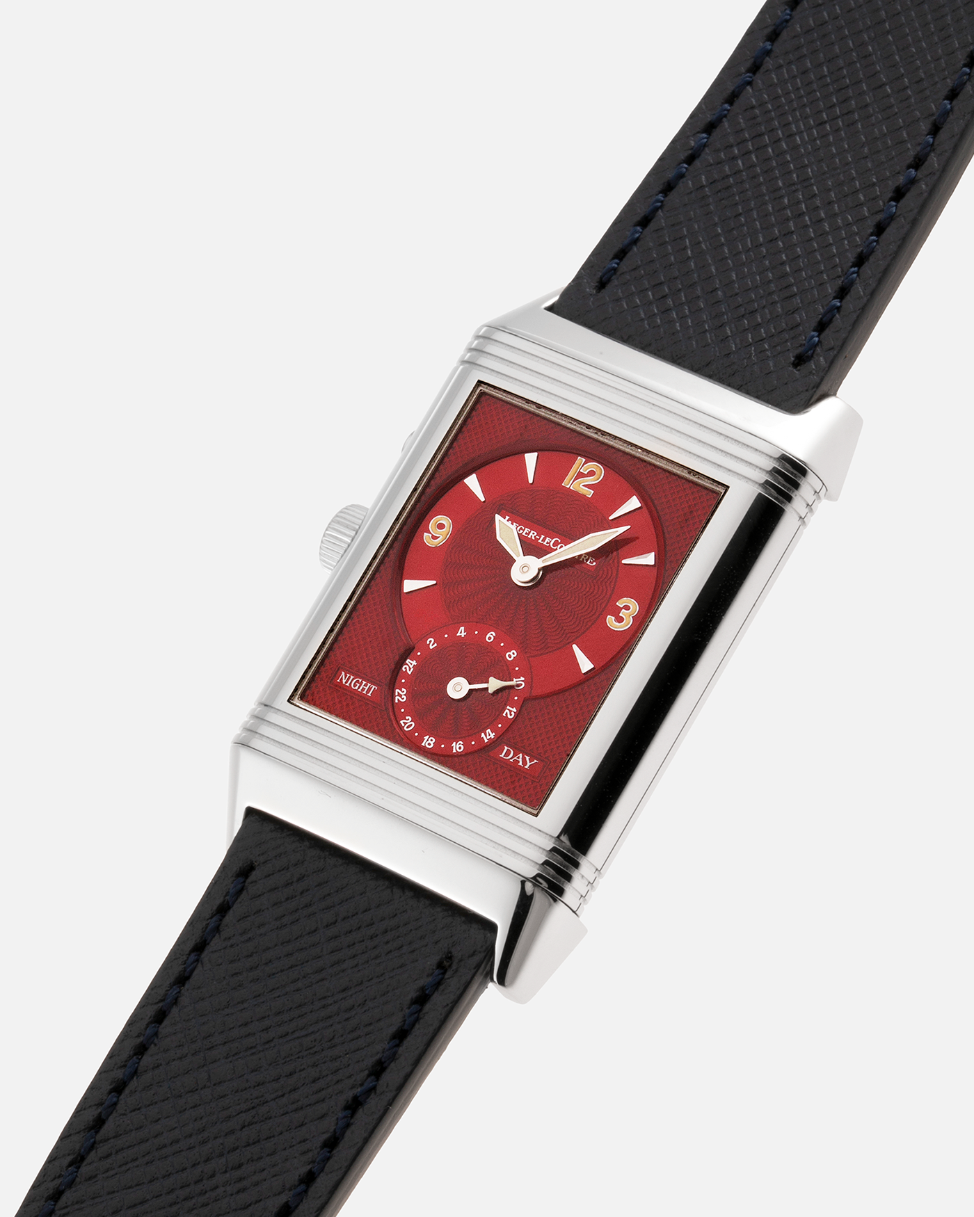 Brand: Jaeger-LeCoultre Year: 2000’s Model: Reverso Duoface Japan Edition Red, Ref. 270.1.54 Material: Stainless Steel Movement: JLC Cal. 854, Manual-Wind Case Diameter: 42 x 26mm Bracelet/Strap: Molequin Black Textured Calf with Stainless Steel Tang Buckle