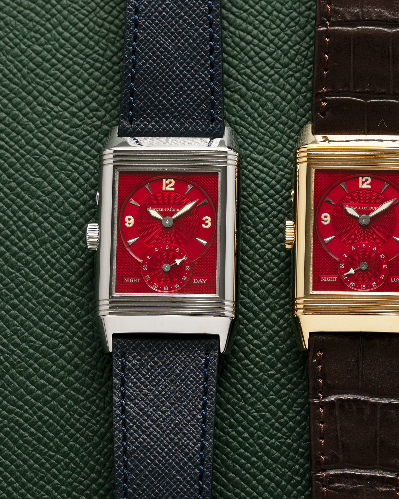 Brand: Jaeger-LeCoultre Year: 2000’s Model: Reverso Duoface Japan Edition Red, Ref. 270.1.54 Material: Stainless Steel Movement: JLC Cal. 854, Manual-Wind Case Diameter: 42 x 26mm Bracelet/Strap: Molequin Black Textured Calf with Stainless Steel Tang Buckle