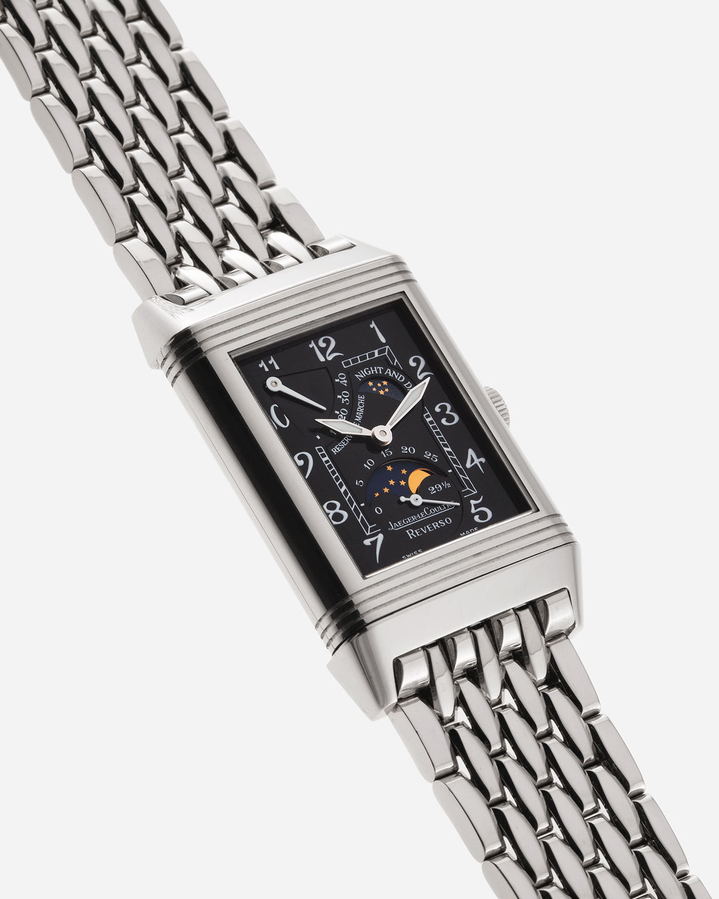 Brand: Jaeger-LeCoultre Year: 2000’s Model: Reverso Night And Day Reference Number: 270.3.63 Material: 18k White Gold Movement: Manually-Wound JLC cal. 823 Case Diameter: 26mm X 36.6mm Bracelet/Strap: 18k White Gold Jaeger LeCoultre Bracelet