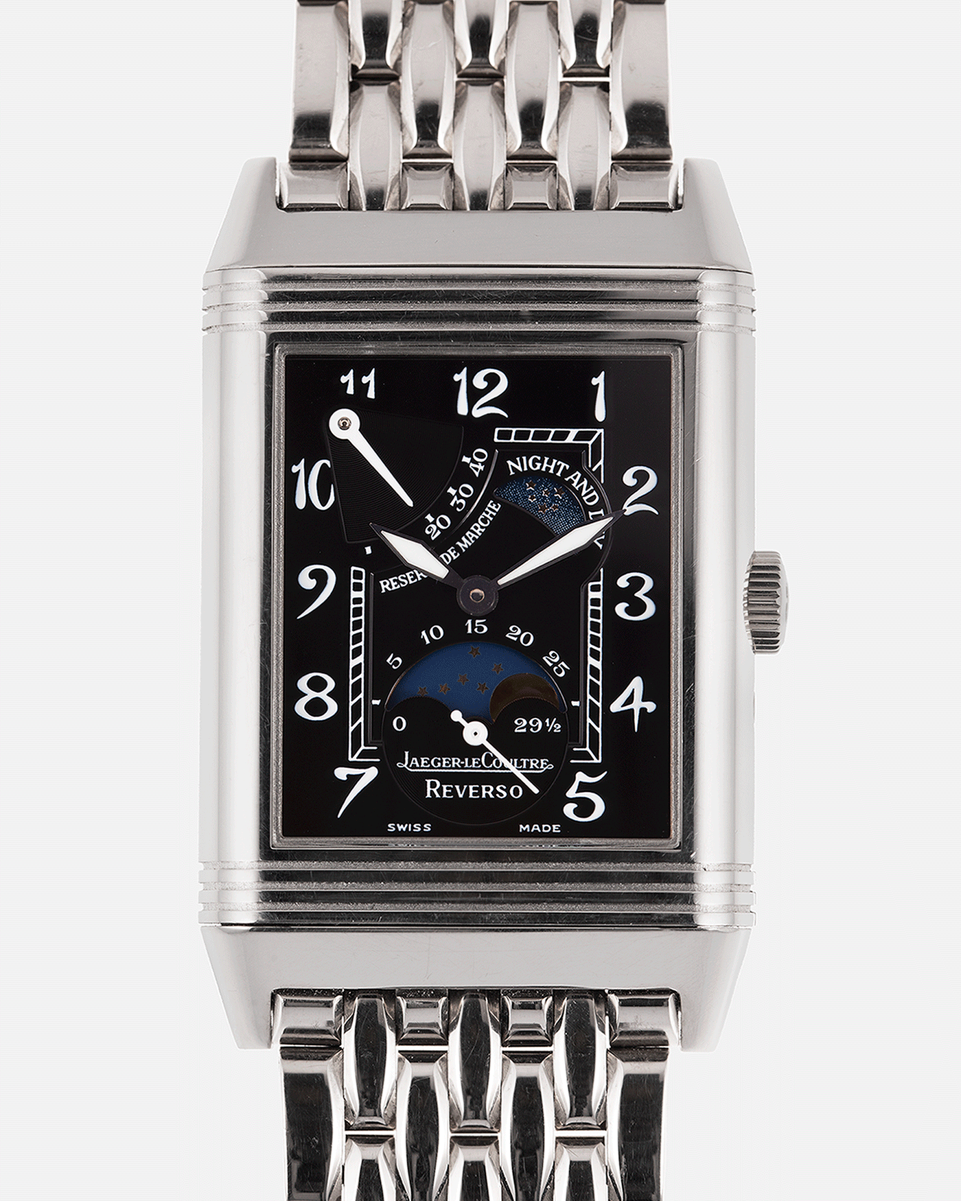 Brand: Jaeger-LeCoultre Year: 2000’s Model: Reverso Night And Day Reference Number: 270.3.63 Material: 18k White Gold Movement: Manually-Wound JLC cal. 823 Case Diameter: 26mm X 36.6mm Bracelet/Strap: 18k White Gold Jaeger LeCoultre Bracelet