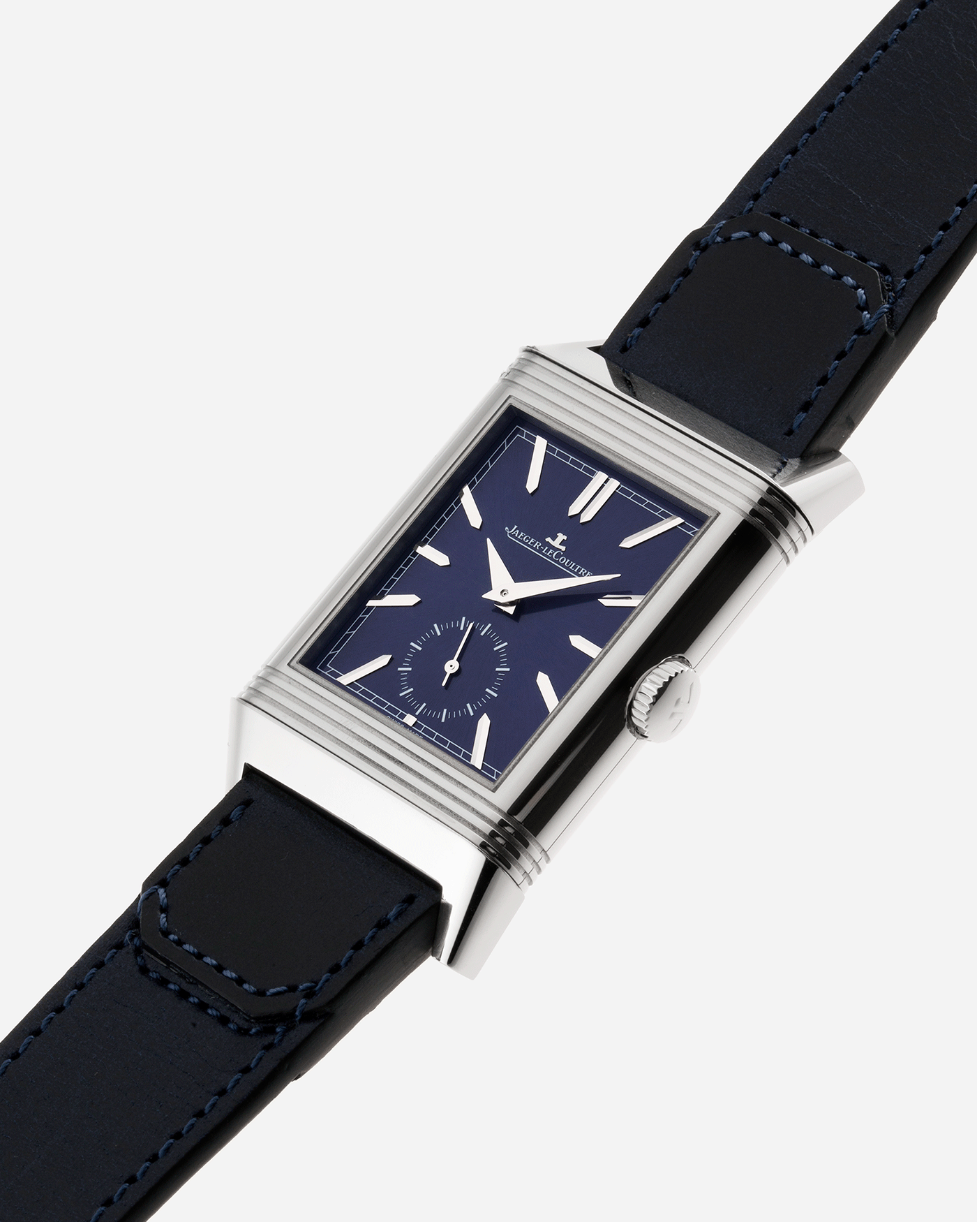 Brand: Jaeger-LeCoultre Year: 2021 Model: Reverso Tribute Duoface Material: Stainless Steel Movement: Manually-Wound JLC cal. 854A/2 Case Diameter:  47 X 28.3mm Bracelet/Strap: Blue Casa Fagliano Calf Leather Strap