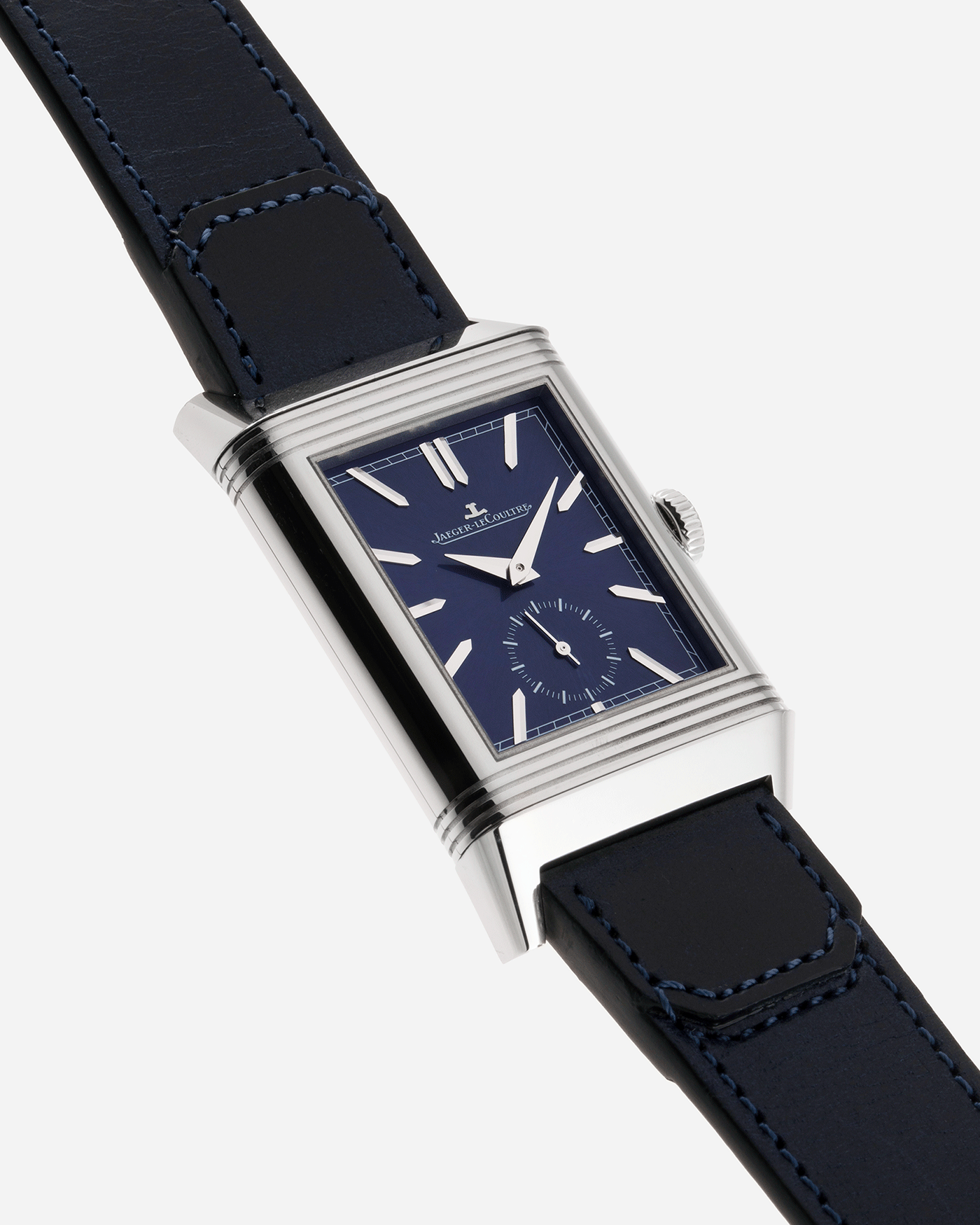Brand: Jaeger-LeCoultre Year: 2021 Model: Reverso Tribute Duoface Material: Stainless Steel Movement: Manually-Wound JLC cal. 854A/2 Case Diameter:  47 X 28.3mm Bracelet/Strap: Blue Casa Fagliano Calf Leather Strap