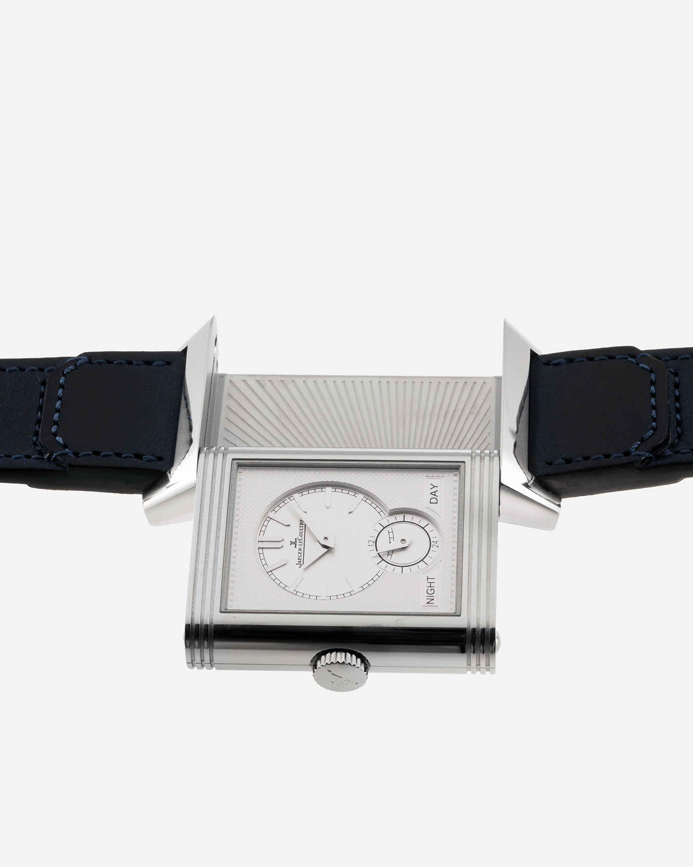 Brand: Jaeger-LeCoultre Year: 2021 Model: Reverso Tribute Duoface Material: Stainless Steel Movement: Manually-Wound JLC cal. 854A/2 Case Diameter:  47 X 28.3mm Bracelet/Strap: Blue Casa Fagliano Calf Leather Strap
