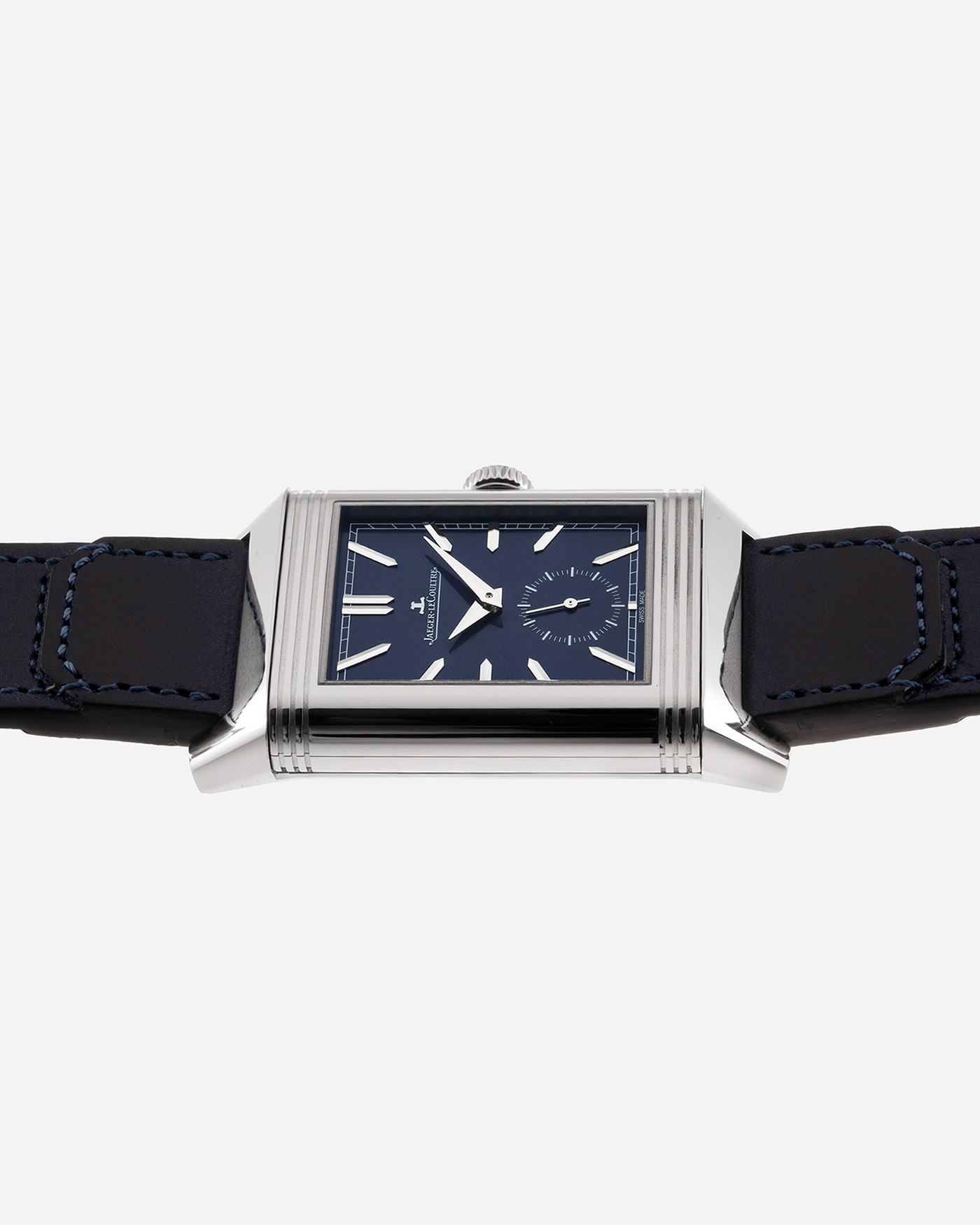 Brand: Jaeger-LeCoultre Year: 2021 Model: Reverso Tribute Duoface Material: Stainless Steel Movement: Manually-Wound JLC cal. 854A/2 Case Diameter:  47 X 28.3mm Bracelet/Strap: Blue Casa Fagliano Calf Leather Strap