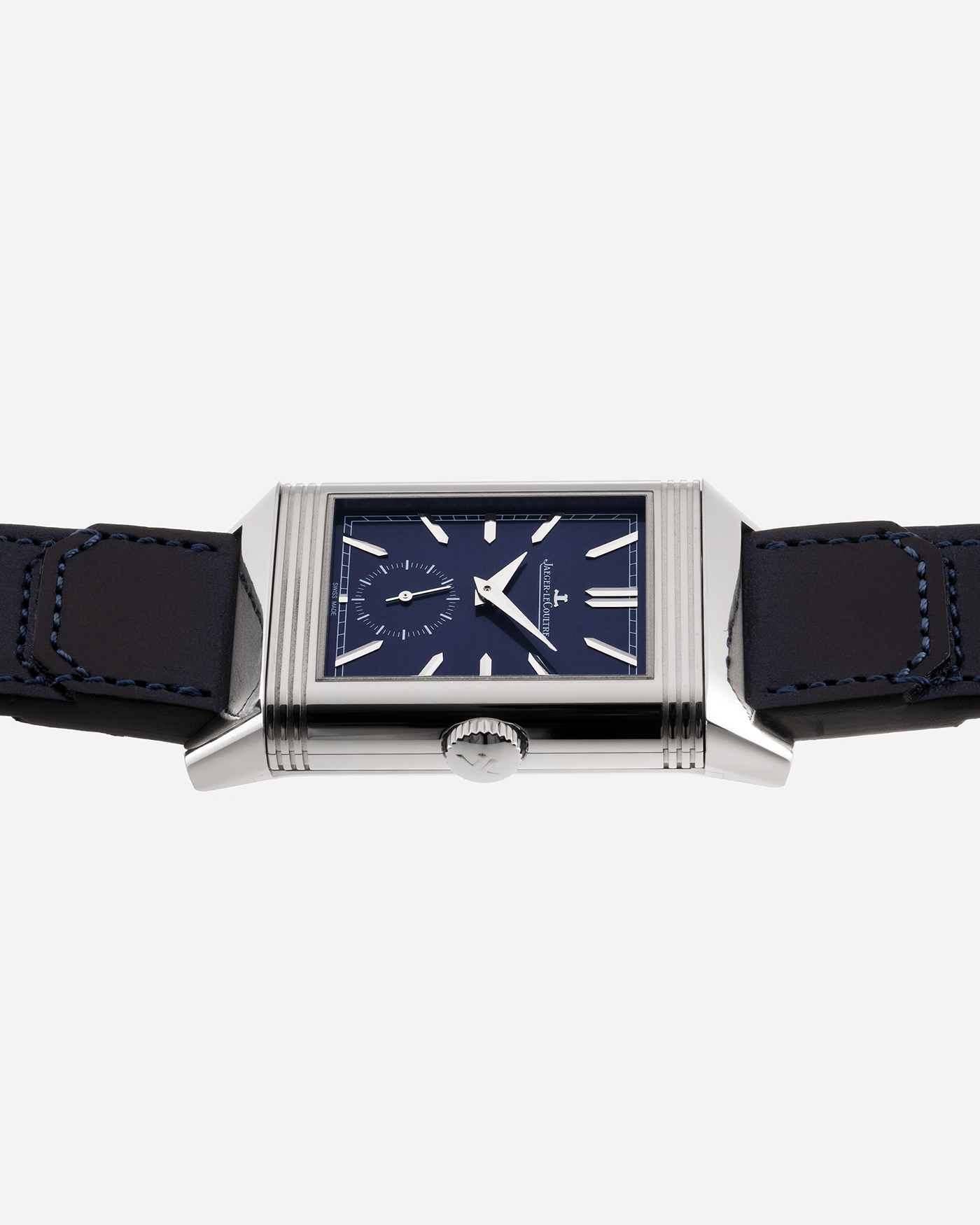 Brand: Jaeger-LeCoultre Year: 2021 Model: Reverso Tribute Duoface Material: Stainless Steel Movement: Manually-Wound JLC cal. 854A/2 Case Diameter:  47 X 28.3mm Bracelet/Strap: Blue Casa Fagliano Calf Leather Strap