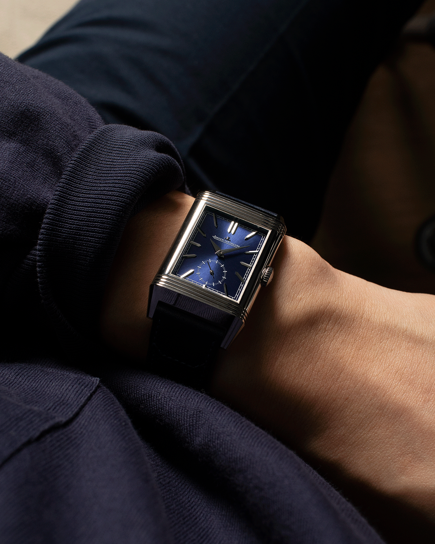 Brand: Jaeger-LeCoultre Year: 2021 Model: Reverso Tribute Duoface Material: Stainless Steel Movement: Manually-Wound JLC cal. 854A/2 Case Diameter:  47 X 28.3mm Bracelet/Strap: Blue Casa Fagliano Calf Leather Strap