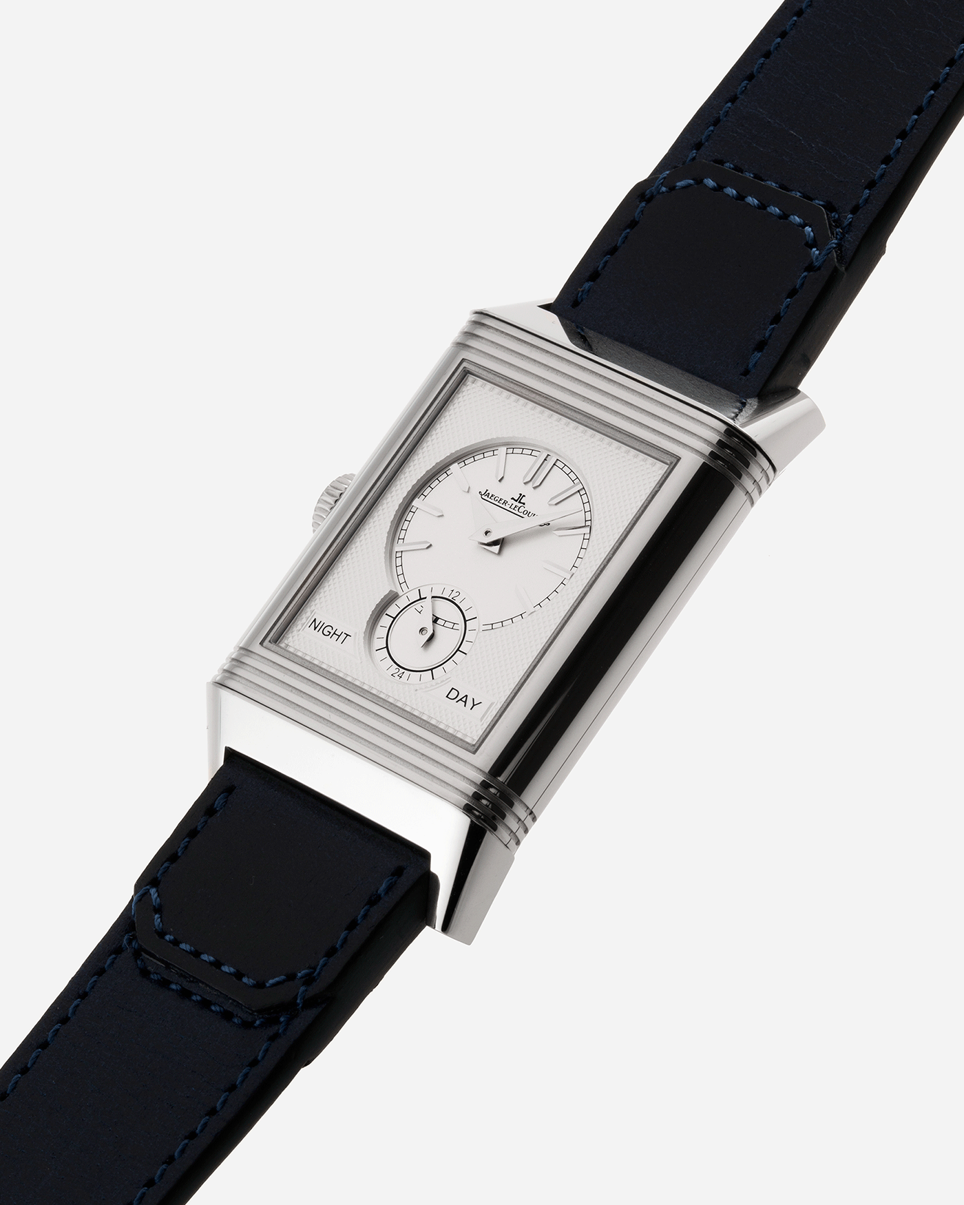 Brand: Jaeger-LeCoultre Year: 2021 Model: Reverso Tribute Duoface Material: Stainless Steel Movement: Manually-Wound JLC cal. 854A/2 Case Diameter:  47 X 28.3mm Bracelet/Strap: Blue Casa Fagliano Calf Leather Strap