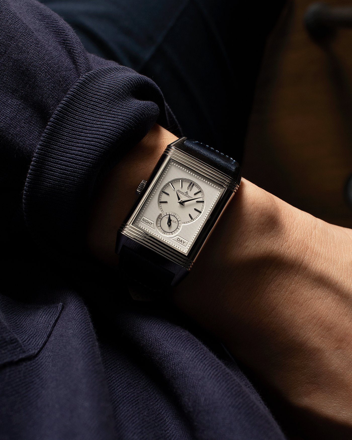 Brand: Jaeger-LeCoultre Year: 2021 Model: Reverso Tribute Duoface Material: Stainless Steel Movement: Manually-Wound JLC cal. 854A/2 Case Diameter:  47 X 28.3mm Bracelet/Strap: Blue Casa Fagliano Calf Leather Strap