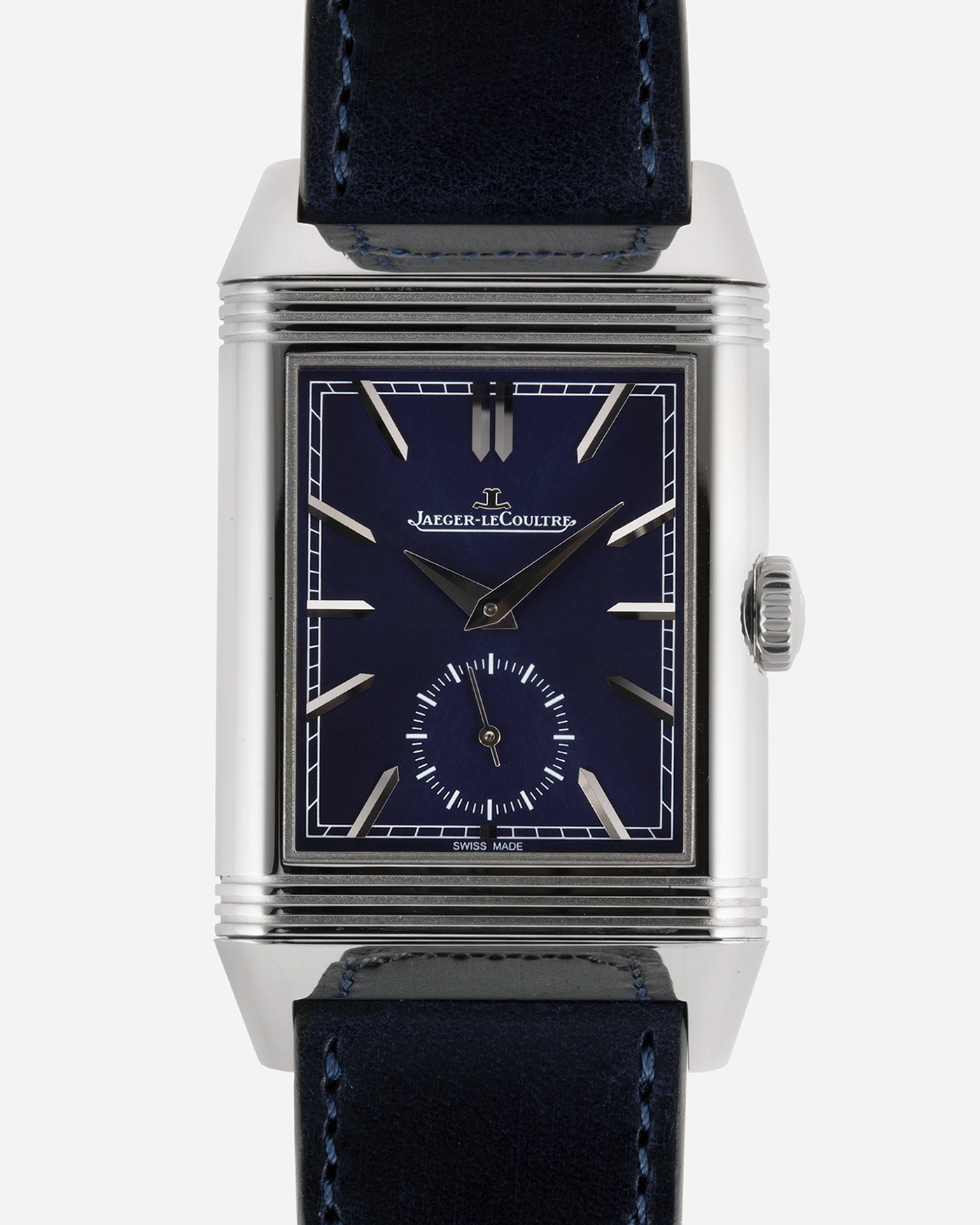 Brand: Jaeger-LeCoultre Year: 2021 Model: Reverso Tribute Duoface Material: Stainless Steel Movement: Manually-Wound JLC cal. 854A/2 Case Diameter:  47 X 28.3mm Bracelet/Strap: Blue Casa Fagliano Calf Leather Strap