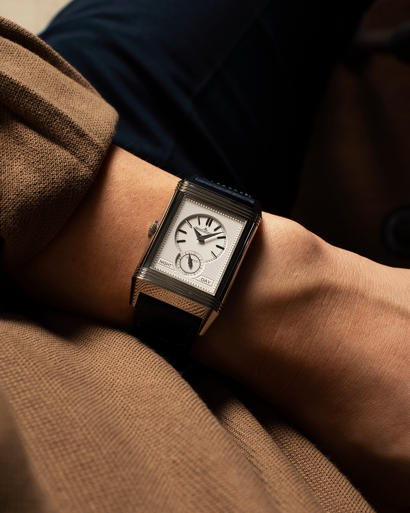 Brand: Jaeger-LeCoultre Year: 2021 Model: Reverso Tribute Duoface Material: Stainless Steel Movement: Manually-Wound JLC cal. 854A/2 Case Diameter:  47 X 28.3mm Bracelet/Strap: Blue Casa Fagliano Calf Leather Strap