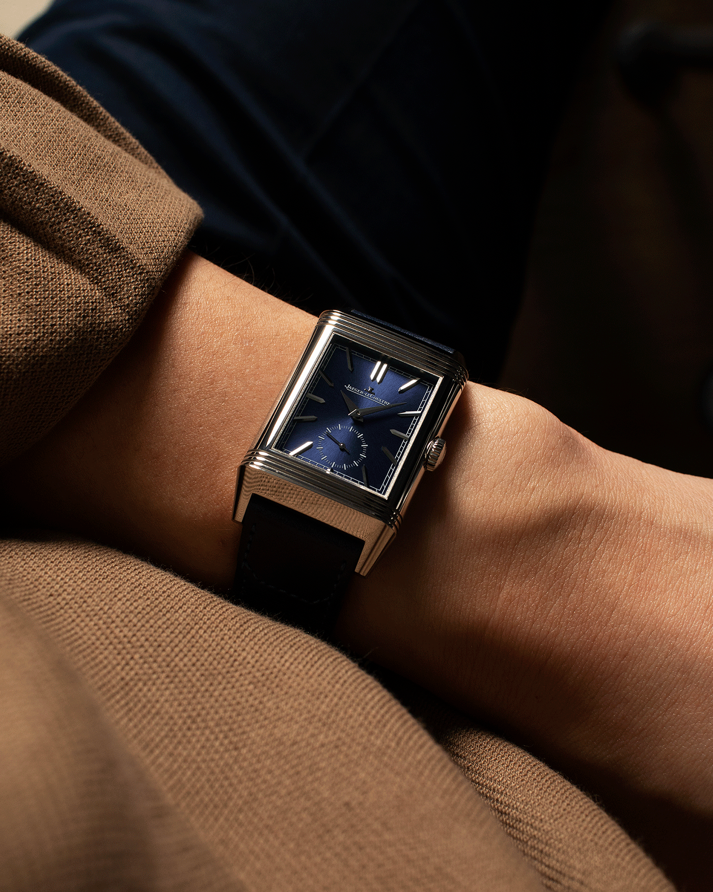 Brand: Jaeger-LeCoultre Year: 2021 Model: Reverso Tribute Duoface Material: Stainless Steel Movement: Manually-Wound JLC cal. 854A/2 Case Diameter:  47 X 28.3mm Bracelet/Strap: Blue Casa Fagliano Calf Leather Strap