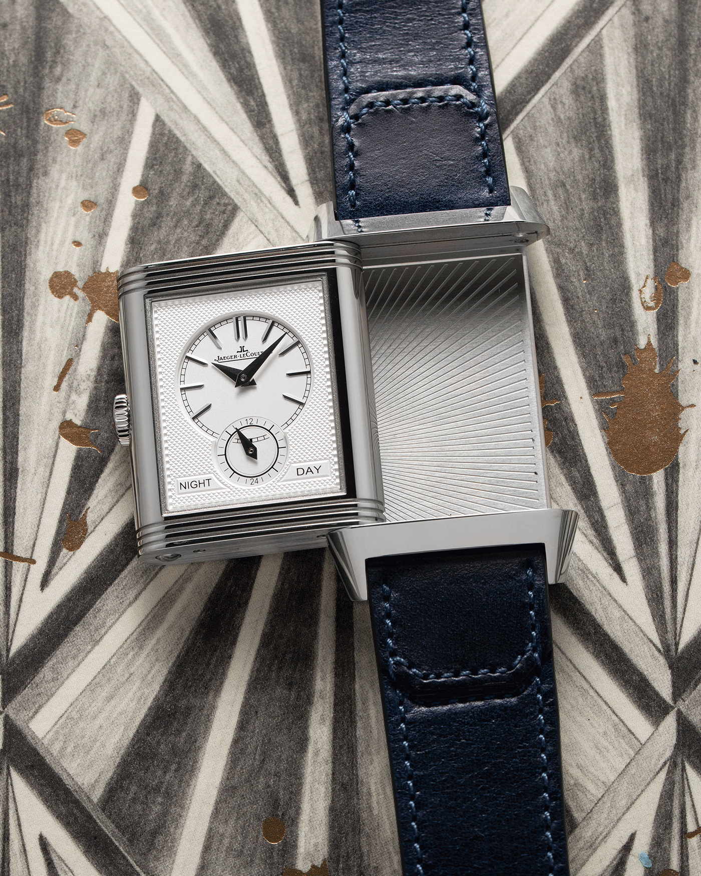 Brand: Jaeger-LeCoultre Year: 2021 Model: Reverso Tribute Duoface Material: Stainless Steel Movement: Manually-Wound JLC cal. 854A/2 Case Diameter:  47 X 28.3mm Bracelet/Strap: Blue Casa Fagliano Calf Leather Strap